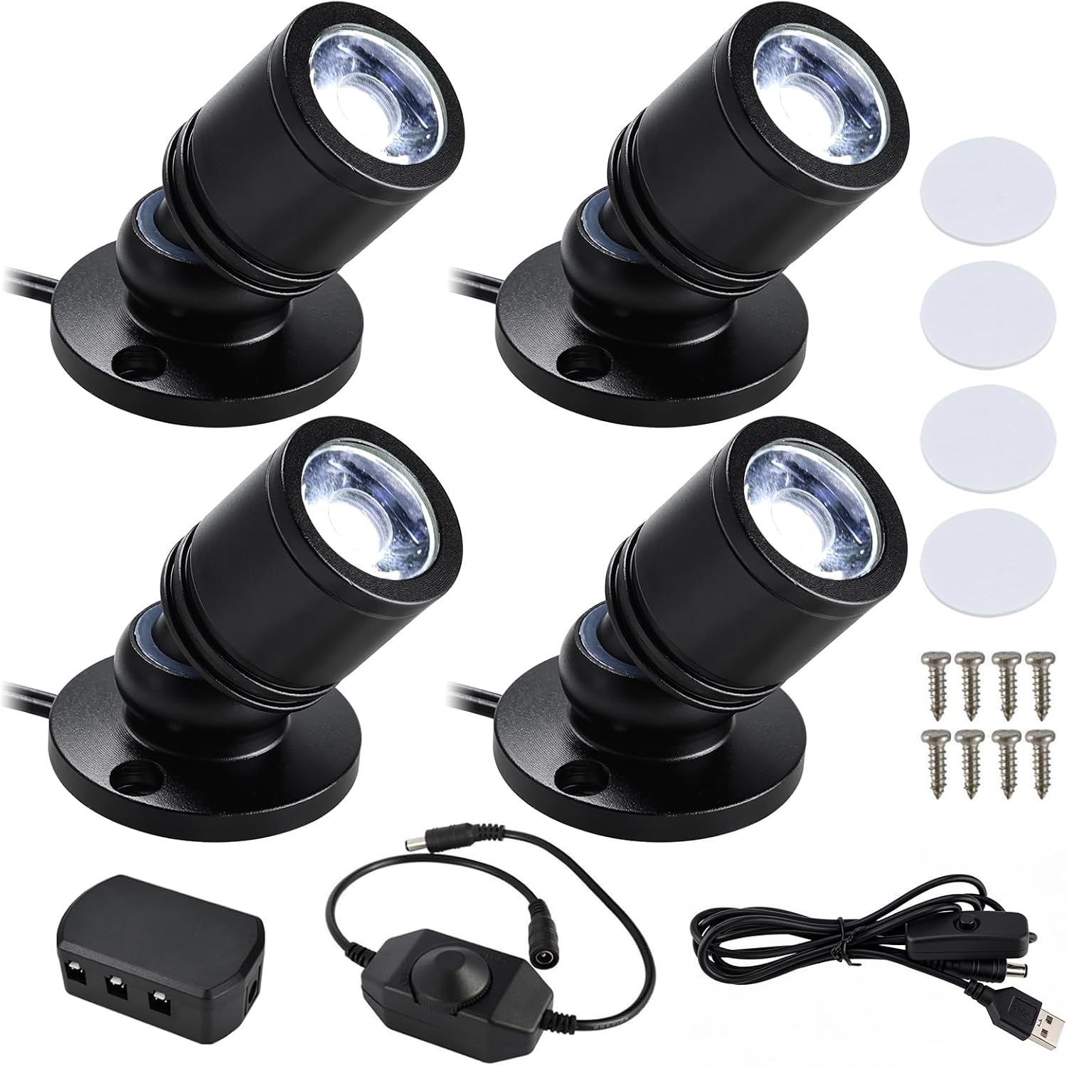 USB Powered Mini Spotlights for Displays,Dimmable Mini LED Spotlight | 4-Pack Daylight 6400K,Compact Mini Spotlight Accent Lights for Display,Pictures, Plants, Jewelry, Shelves, Cabinets