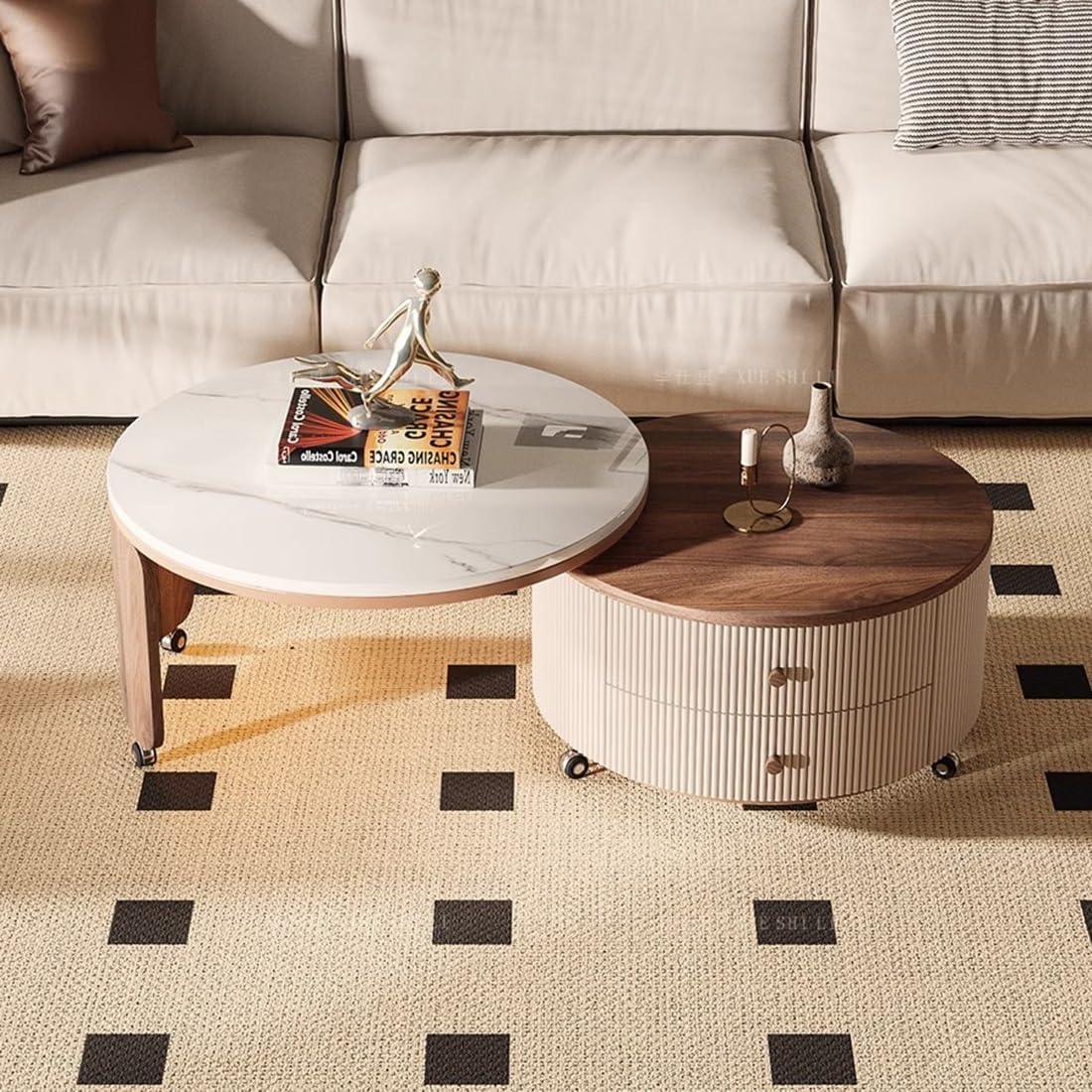 Round Nesting Coffee Table, Modern Small Couch Tea Eating Tables for Living Room, Nesting Circle Center Couch Tablw Set of 2 with Storage Drawers for Apartment, Bedroom, Rustic Brown(60+50CM/23.6+19.6