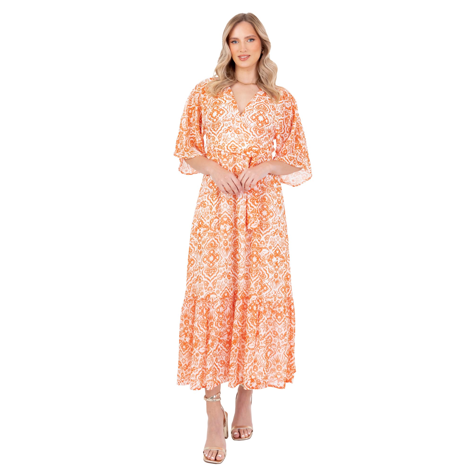 Lovedrobe Women's Midaxi Dress Ladies Kimono Sleeve V-Neck Boho Festival Graphic Print A-line Ankle-Length Sash Belt Faux-Wrap, Orange 8