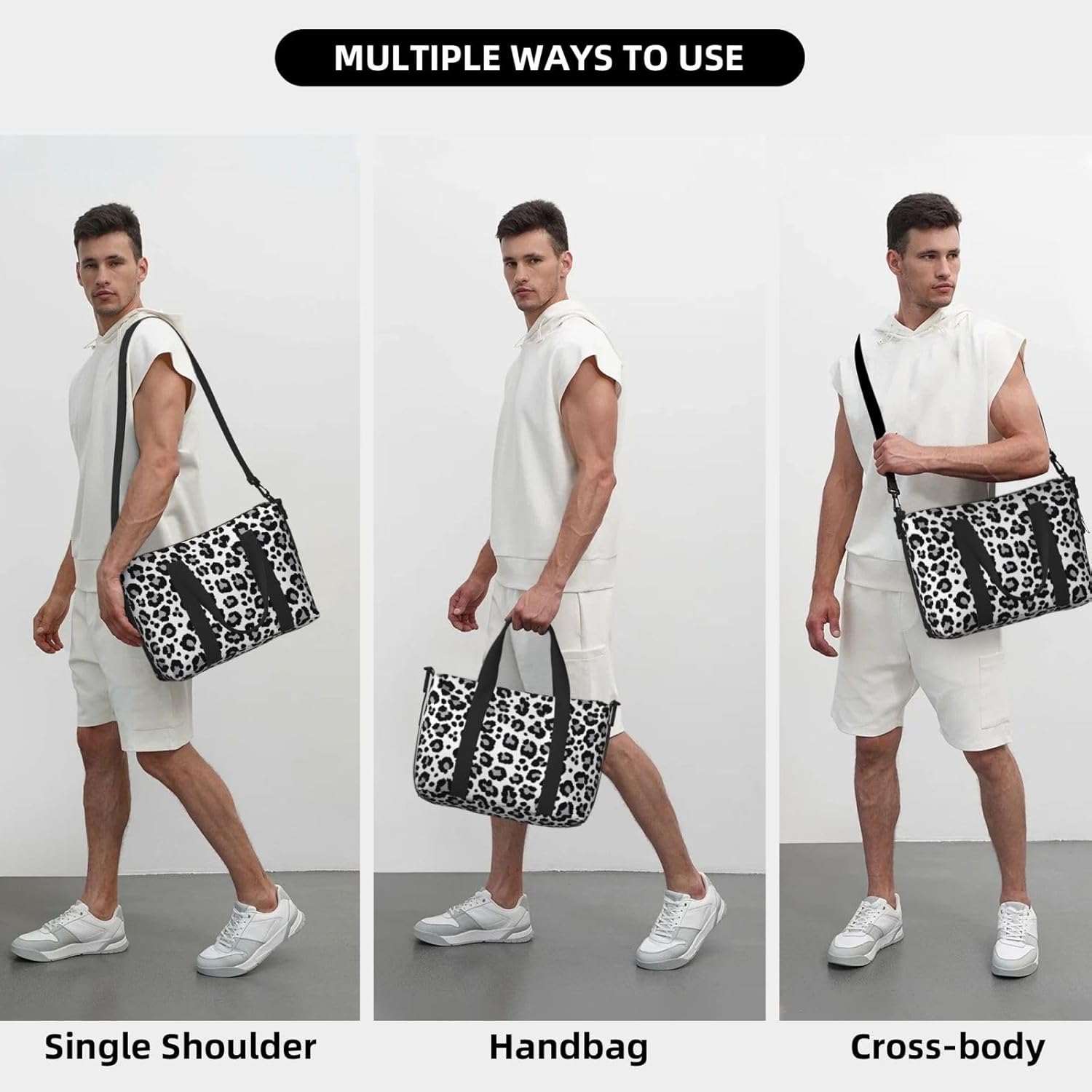 Black grey Leopard print fashion Travel Duffle Bags for Women, Personal Item Overnight Weekender Sport Carry On Gym Bag for Men Women