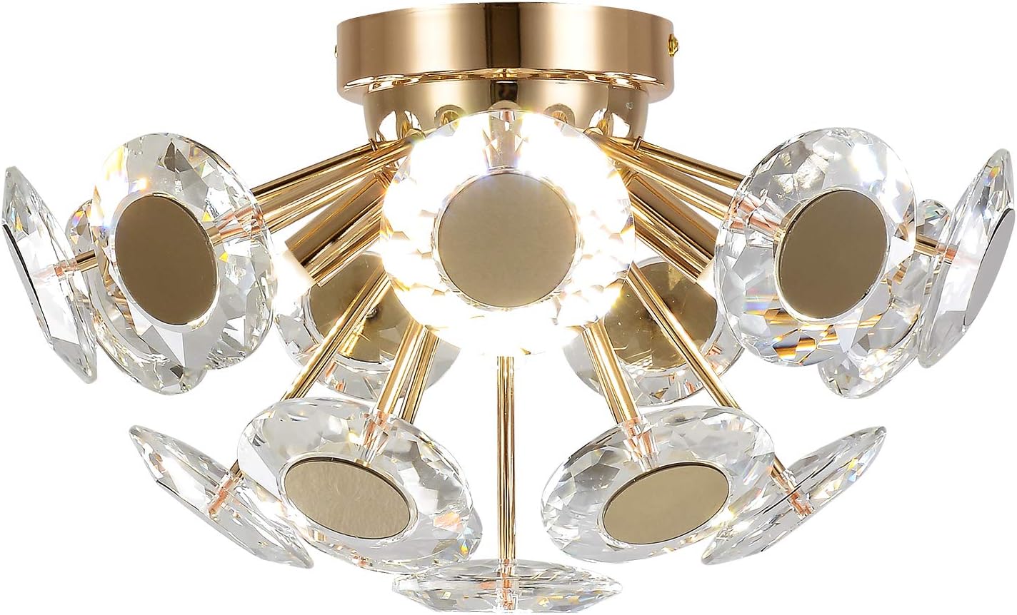 Best Cyber Deals 🔥 HMVPL Farmhouse Semi Flush Mount Ceiling Light Fixtures, Crystal Close to Ceiling Lamp Golden Industrial Pendant Lights for Kitchen Island Dining Room Bedroom Foyer Hallway Front Door