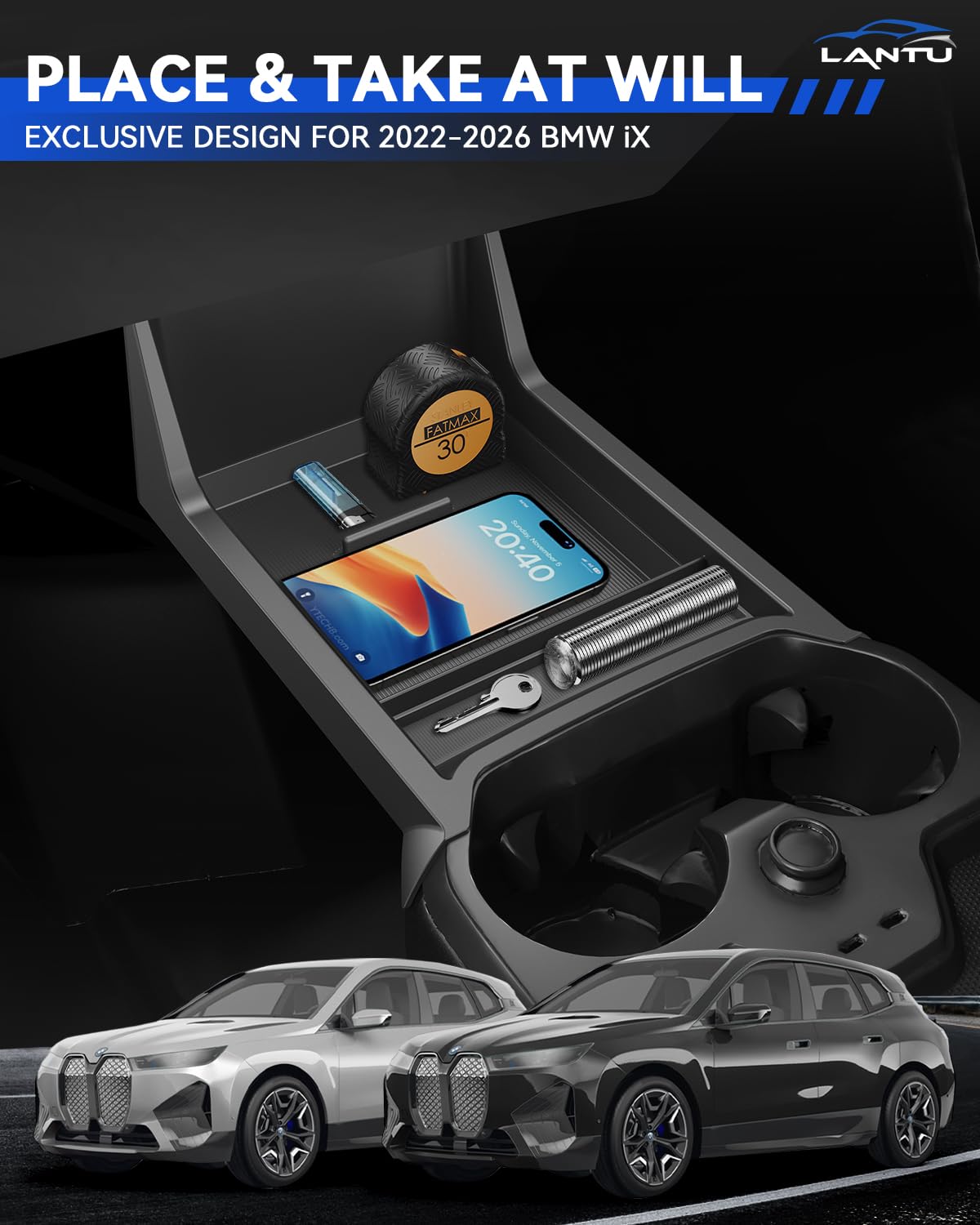 Dolna konsola środkowa, organizer do BMW iX 2022-2025, pudełko do przechowywania z antypoślizgowym płynnym silikonem, akcesoria BMW iX, opatentowany design (dolny)