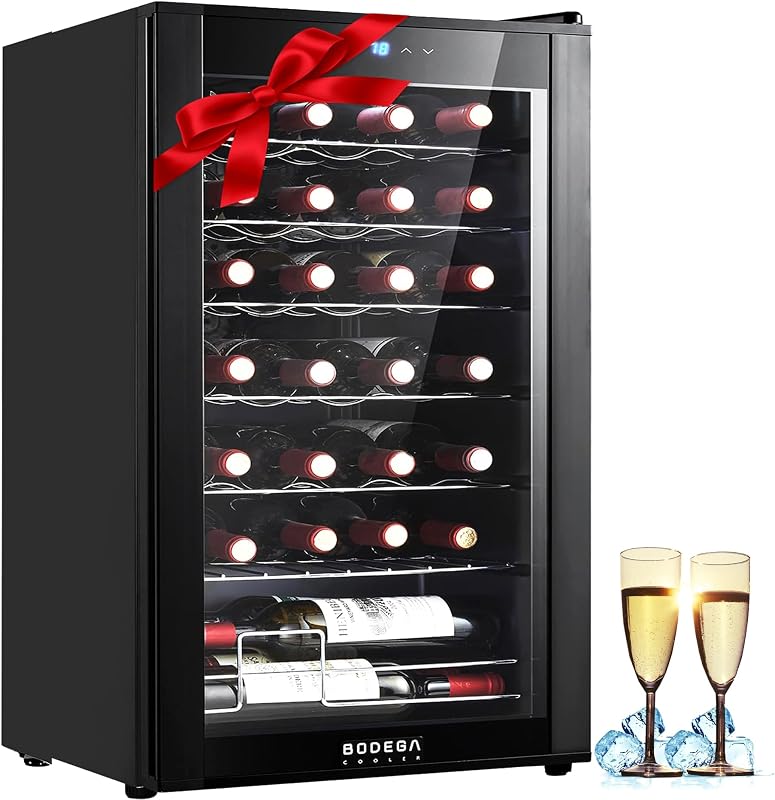 COOLER 28 Bottle Wine Refrigerator, Fridge for Kitchen, Room, Office | 7 Shelves, Fast Cooling, Digital Temp Panel, Quiet ≤40dB Operation, Freestanding / Under Counter, UV-Protected Glass Door
