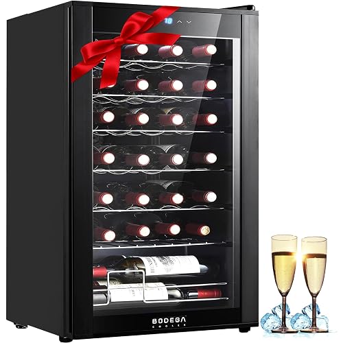 BODEGA COOLER 28 Bottle Wine Refrigerator, Fridge for Kitchen, Room, Office | 7 Shelves, Fast Cooling, Digital Temp Panel, Quiet ≤40dB Operation, Freestanding / Under Counter, UV-Protected Glass Door