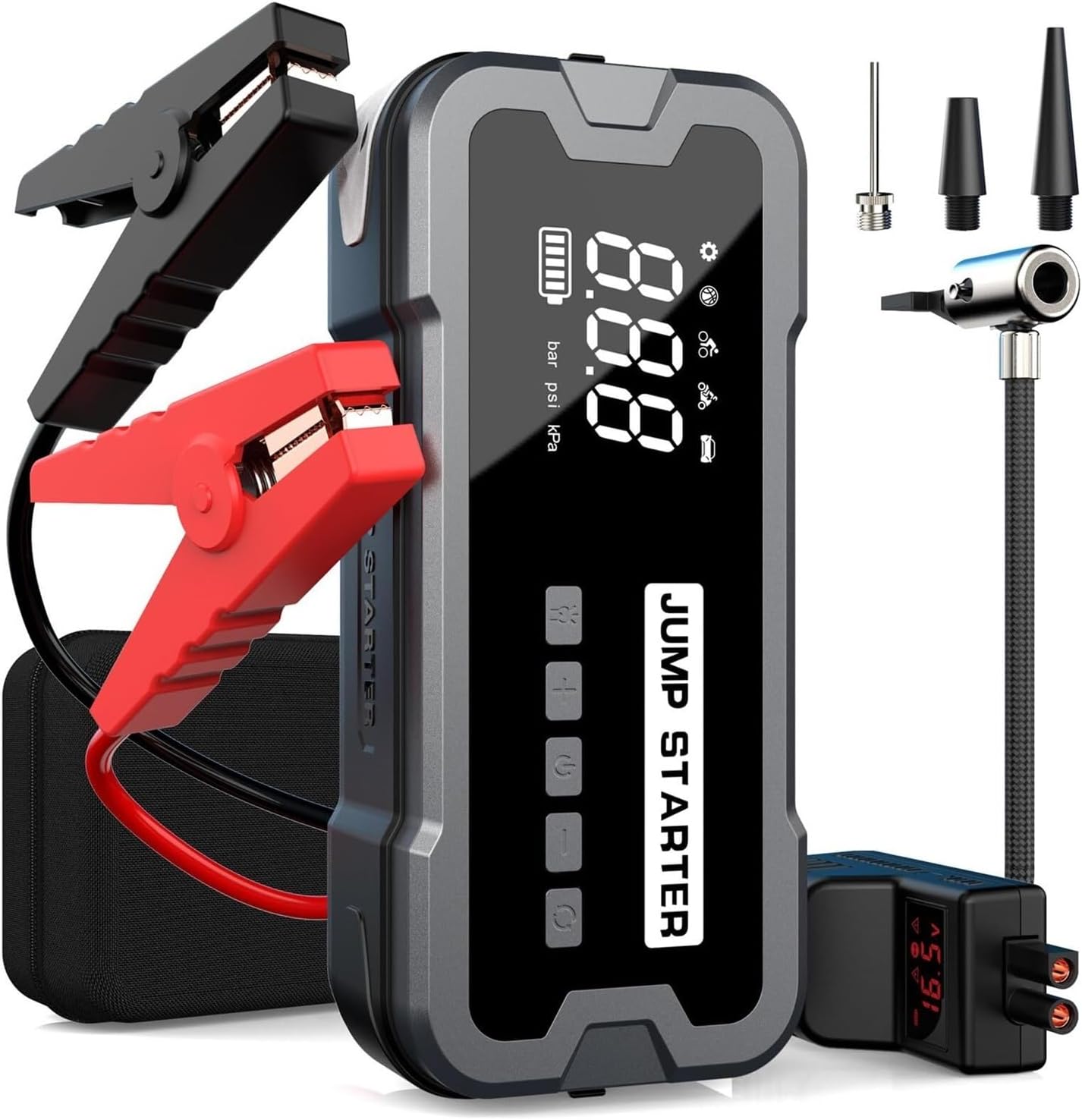 Arrancador de batería portátil 4 en 1 for Coche con compresor de Aire, 12 V, Linterna de 3 Modos, Cable de Arranque con asa y Estuche Protector de EVA.