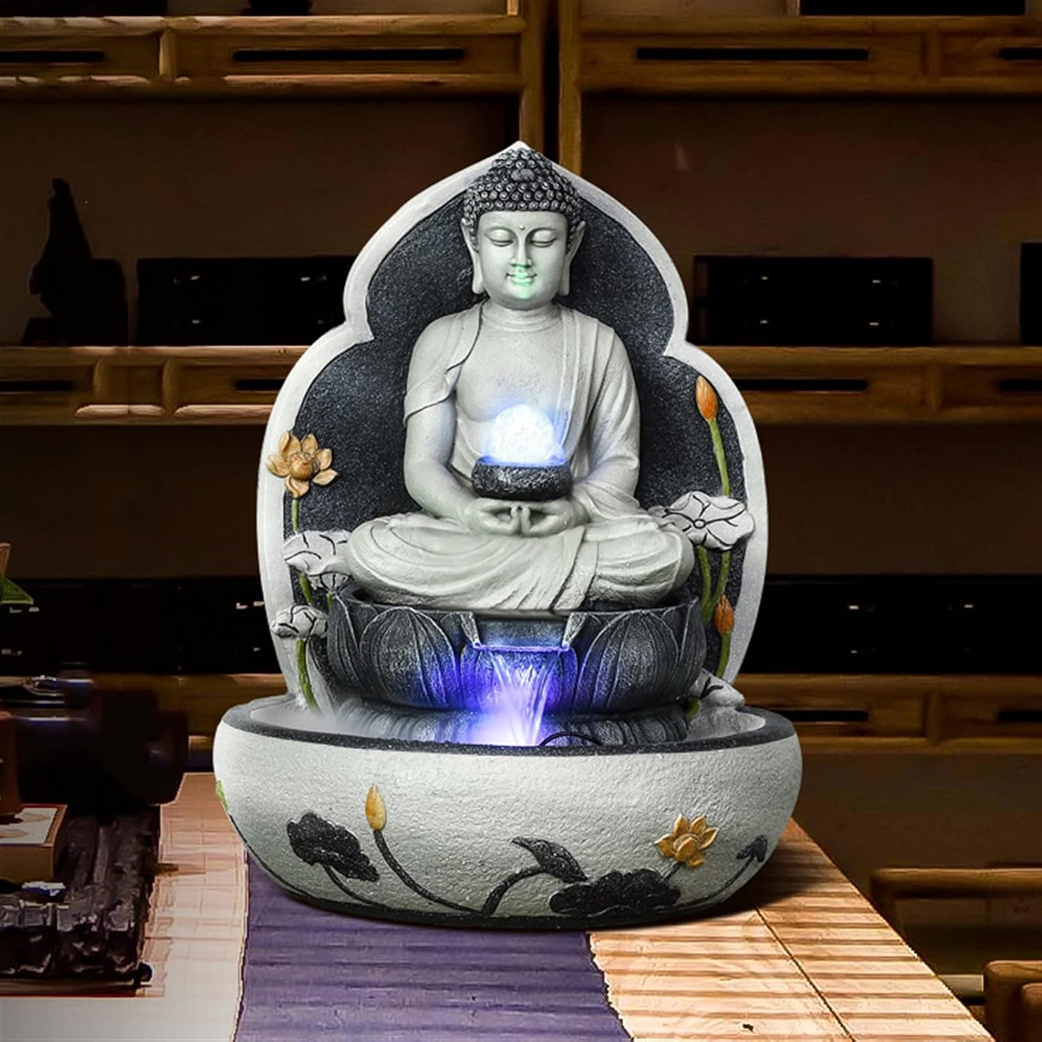 Indoor Fountains 23.6 inch Tall Indoor/Outdoor Buddha Tabletop Water Fountain with LED Lights – Zen Tabletop Water Fountain for Home Office Decor Tabletop Fountain