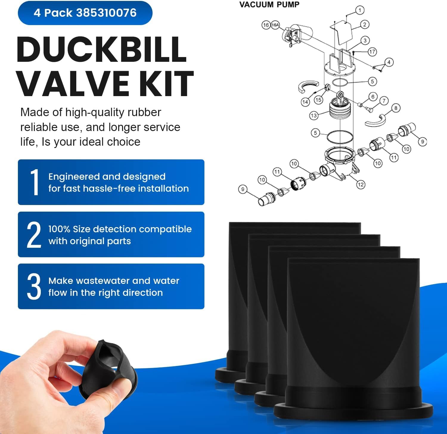 385230980 Pumpenbalg-Kit mit Entenschnabelventil und O-Ring-Kit. Ersatz für Vakuumpumpen der S-, T- und J-Serie. Passend für Dometic Sealand Wohnmobil- und Bootstoiletten. Vakuumpumpen-Kit