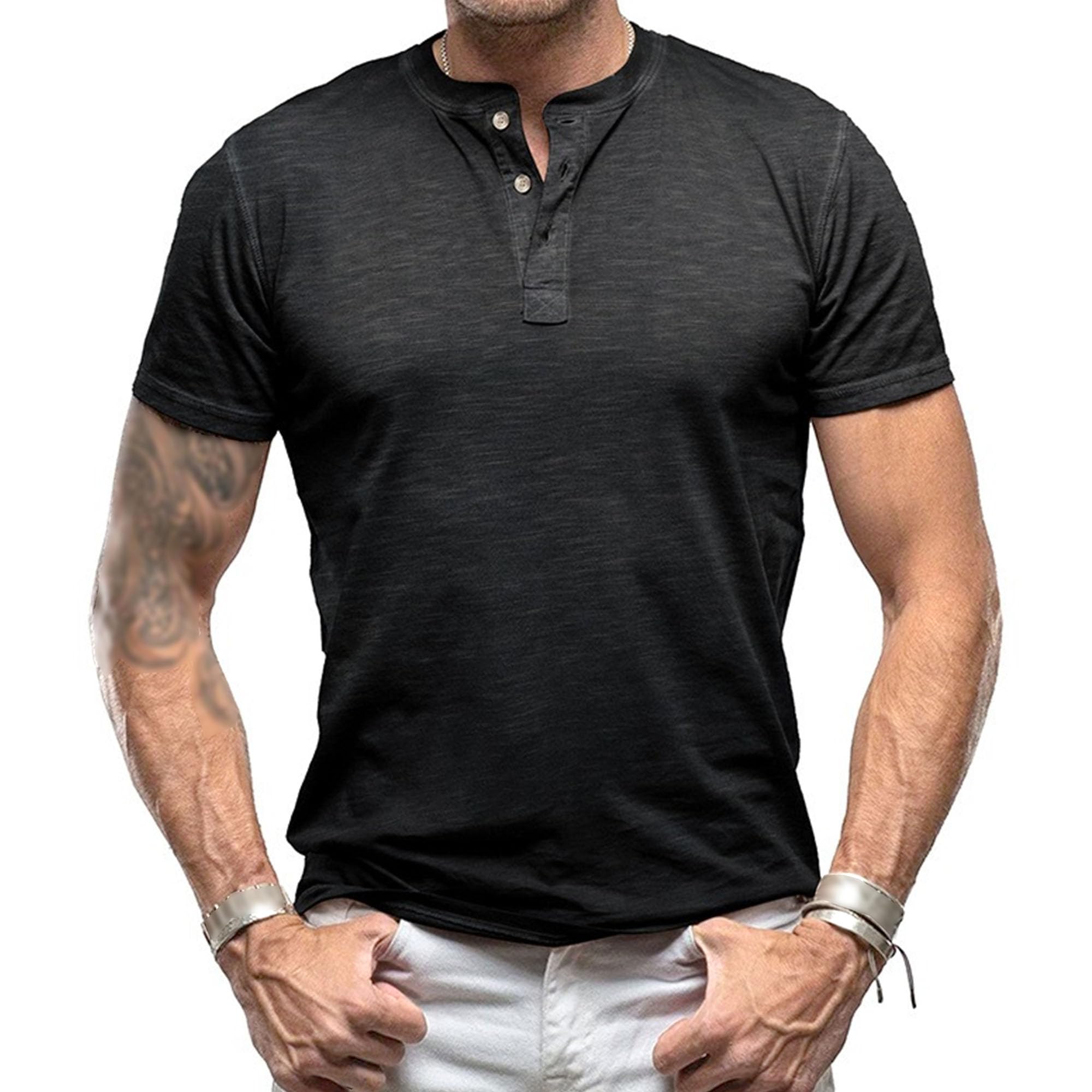 Zylphorix Men Solid Short Sleeve Henry Shirts Quarter Button Round Collar T Shirt Summer Street Outdoor Daily Pullover (Black,Small)