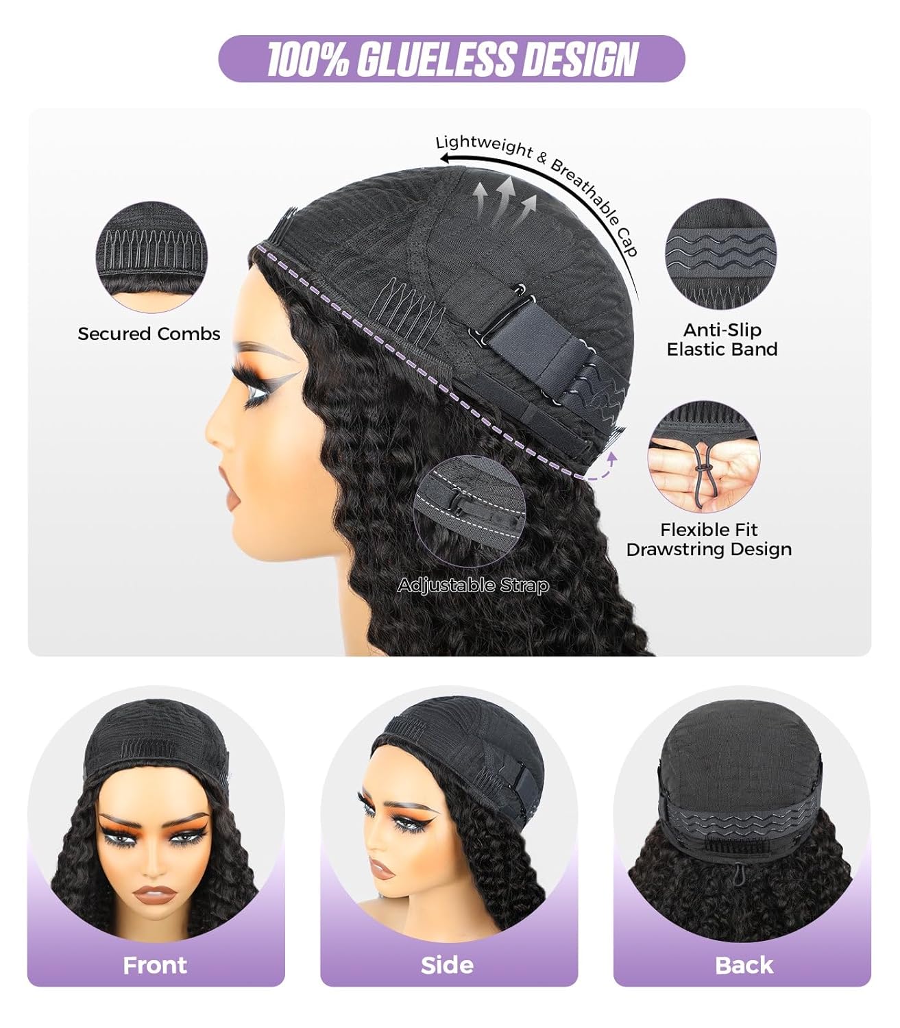 OQ Hair Water Wave Half Wig Human Hair Adjustable Drawstring 180% Density 3 In 1 Beginner Friendly Glueless Wear and Go Half Human Hair Wig for Women 22 Inch