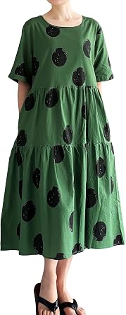 Minibee Womens Cotton Linen Dress Summer Polka Dot Short Sleeve Casual Loose A-Line Boho Midi Dresses with Pockets