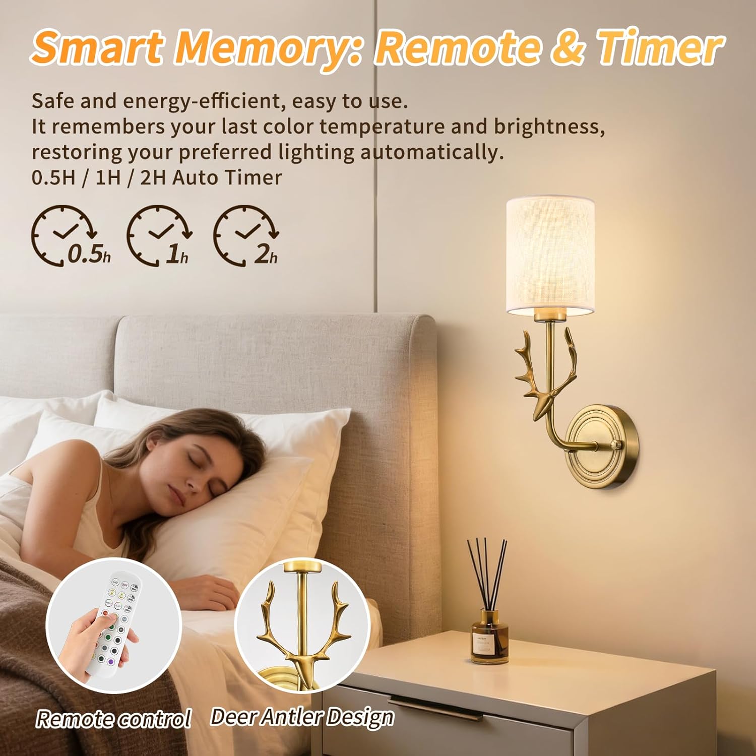 Cordless Wall Sconces Set of 2, 10000mAh Rechargeable RGB LED Lamps, Retro Antler Design, Remote & Timing, Dimmable Gold Night Light for Gallery Wall Art, Living Room, Bedroom, Hallway, Home Decor