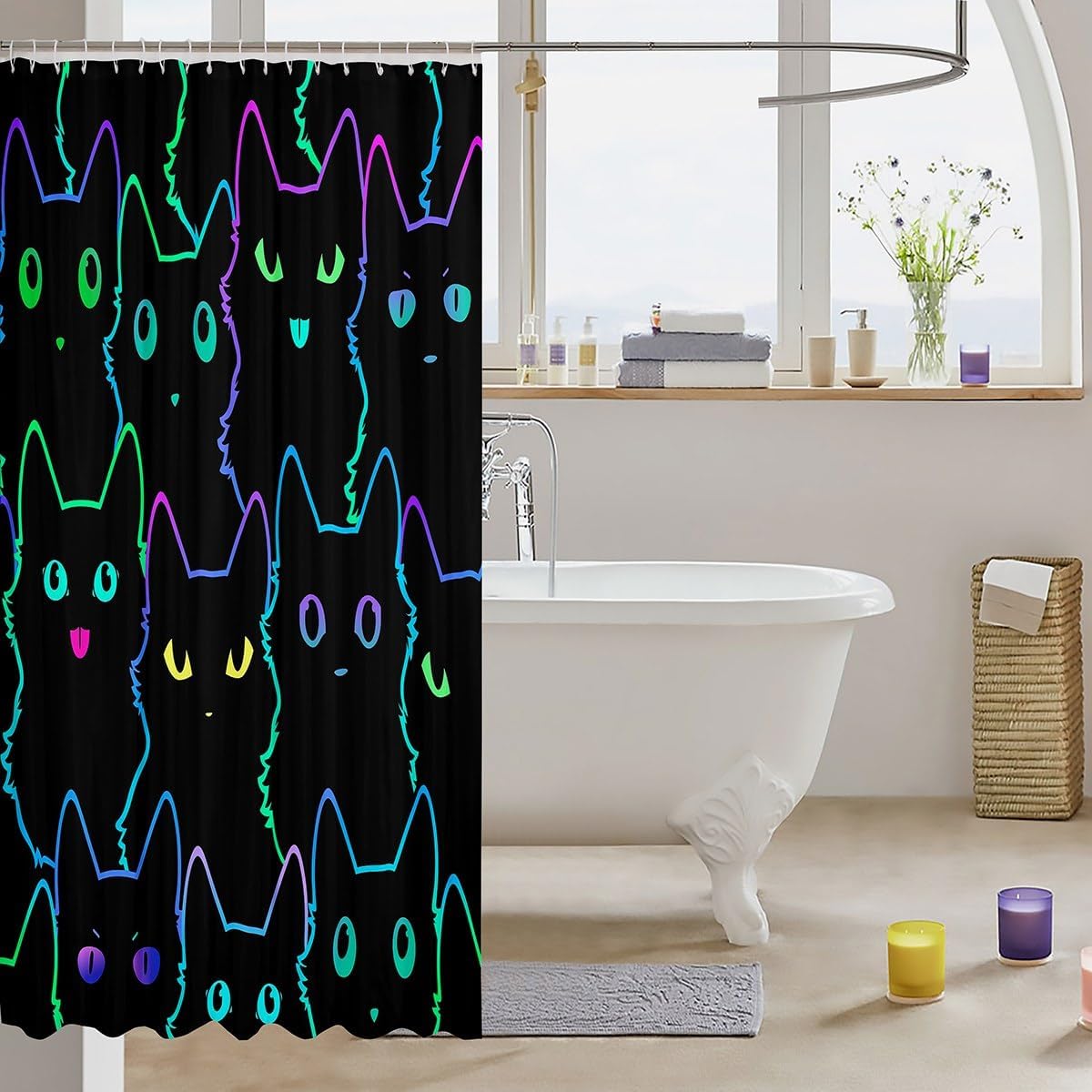 Erosebridal Neon Black Cat Shower Curtain for Girls Kids Boys,Colorful Funny Cat Bathroom Accessories Cute Bathroom Decor,Cartoon Cats Fabric Shower Curtain Gradient Line Bathroom Curtains 72" Wx72 L image 3