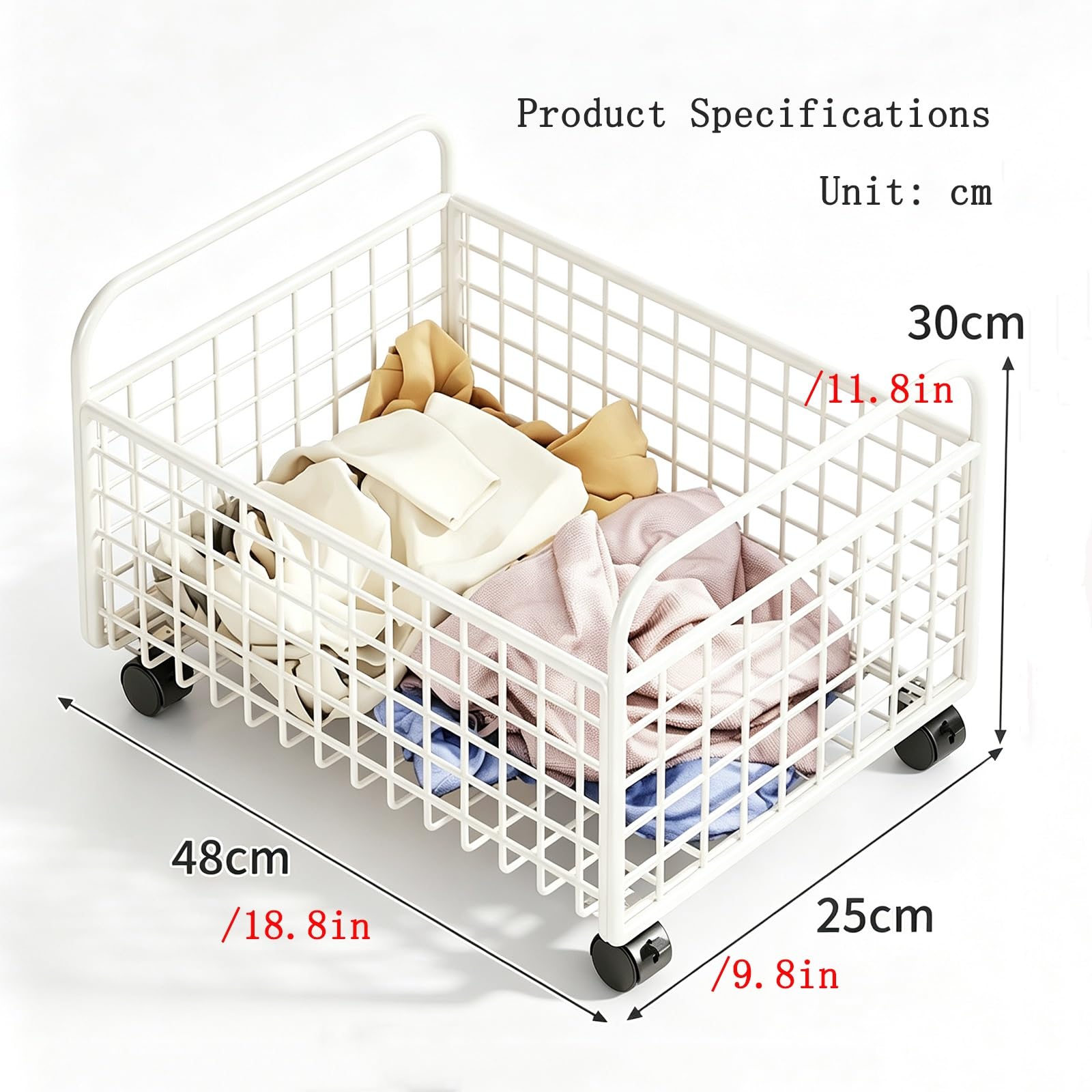 Cesta biancheria metallica bianca su ruote due manici ventilata per bagno | Cesta biancheria metallica bianca rete ruote manici bagno vestiti sporchi ventilata giocattoli(Weiß,48*30*25)