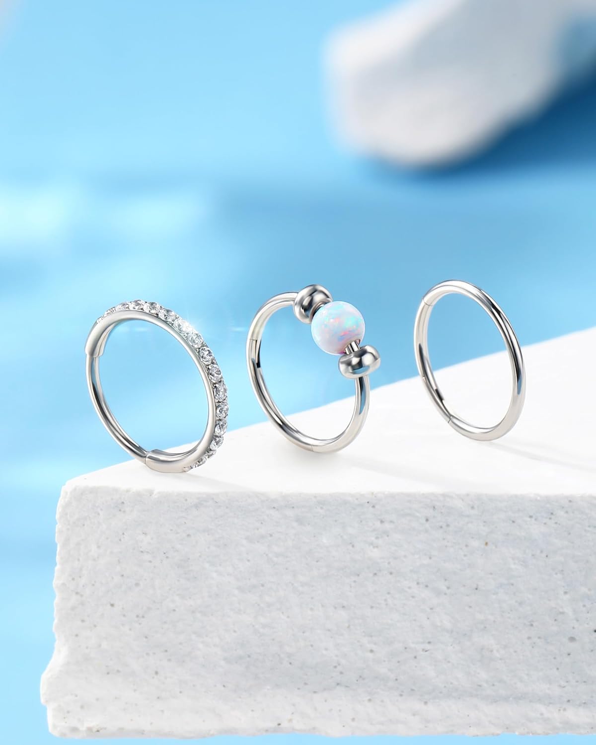 Jewseen 20G 3PCS Nose Rings Hoops 316L Surgical Steel Opal Nose Rings for Women 8mm/10mm Septum Rings Clear CZ Daith Helix Tragus Conch Piercing Jewelry Cartilage Earring - Image 7