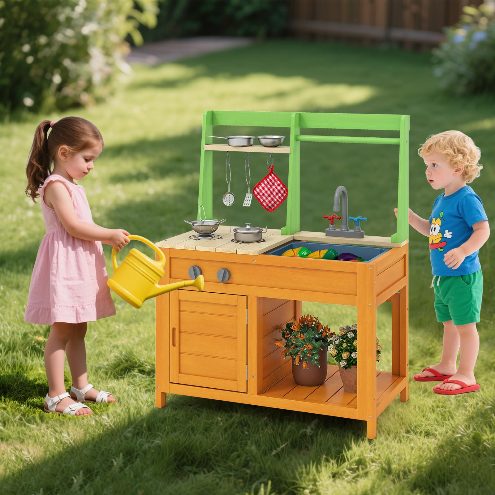 FANTASK Cucina di fango in legno per esterni, cucina giocattolo con accessori, cucina per bambini con fornelli realistici & rubinetto & lavello & forno, cucina da giardino per bambini dai 3 anni in su