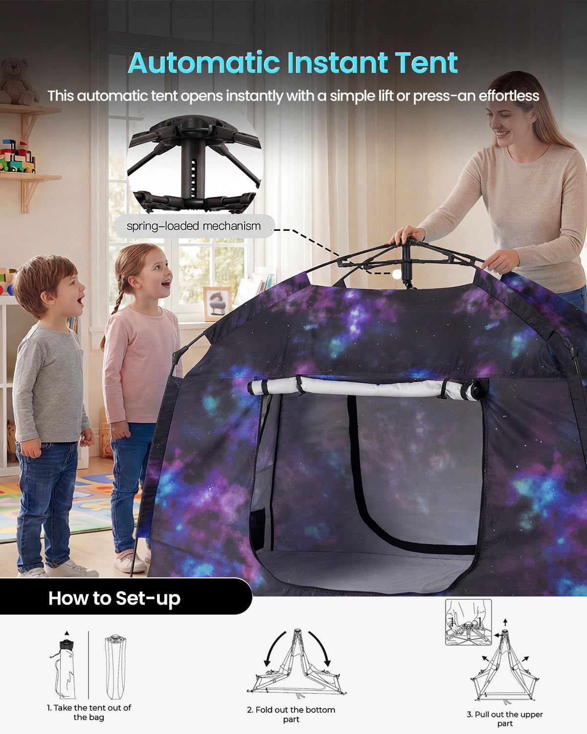 Kids Play Tent-Portable Playhouse Children House -Easy Set up Indoor Outdoor with Carry Bag for Kids-Light Strip Design for Night use -Space for Children and Parents-Birthday (Galaxy)
