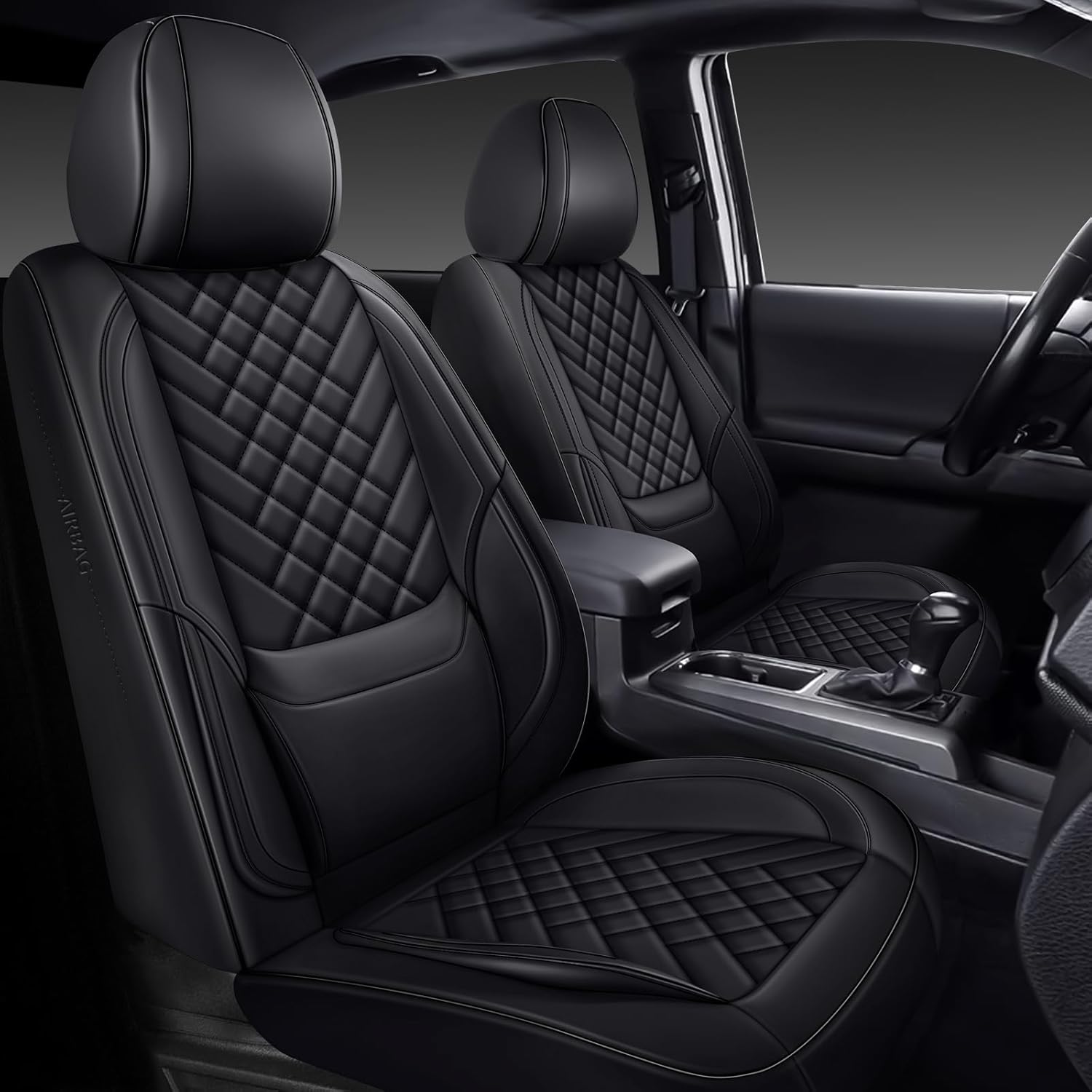 Tacoma Seat Covers Full Set 2016-2023, Leather Pickup Truck Seat Covers with Lumbar Support Custom Fit for Toyota Tacoma Double/Crew Cab SR SR5 TRD Sport TRD Off-Road TRD Pro(Black)