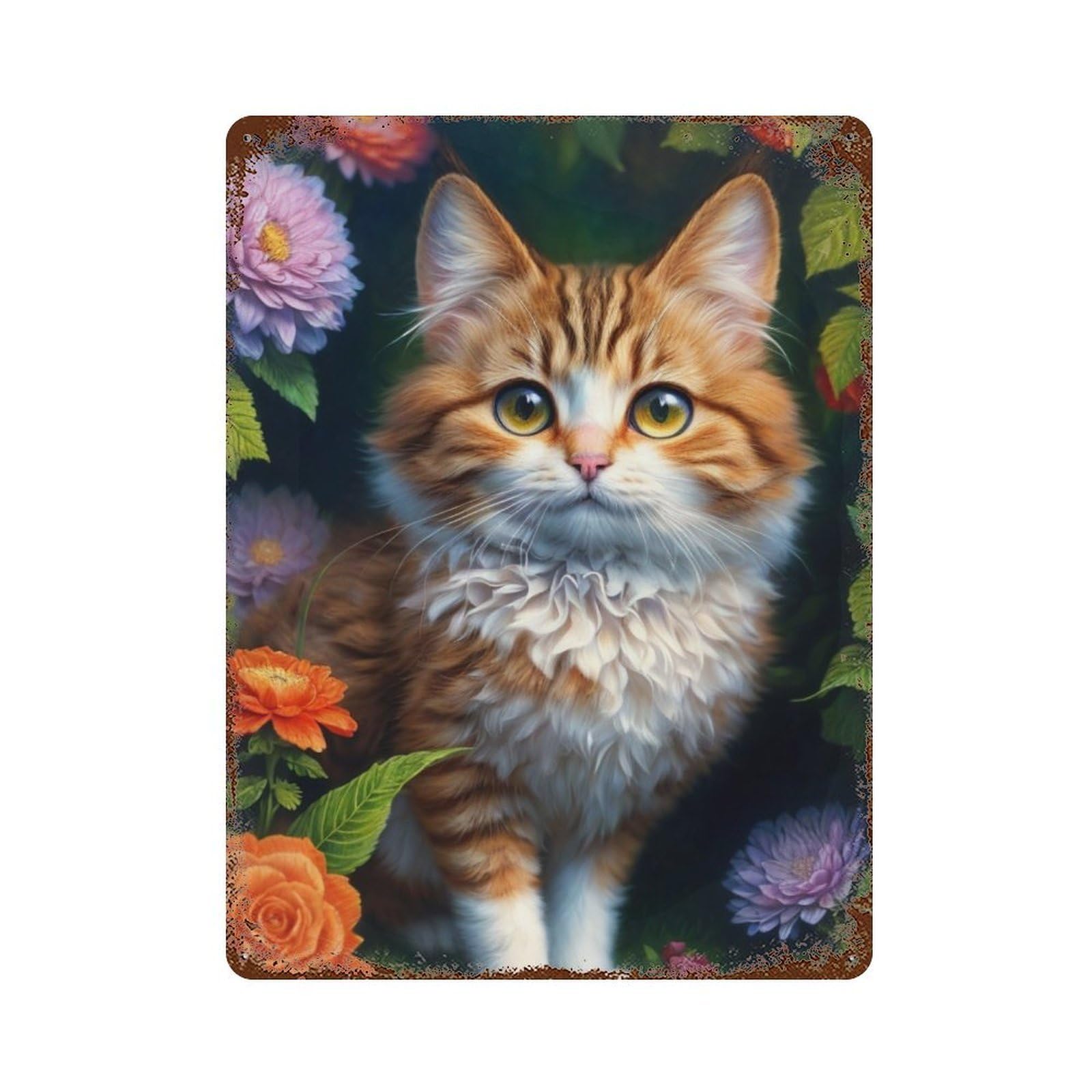 Fluffy Cat Garden Weathered Tin Sign 15.7"x11.8", Rustic Home Decor for Office, Studio And Wall Decor