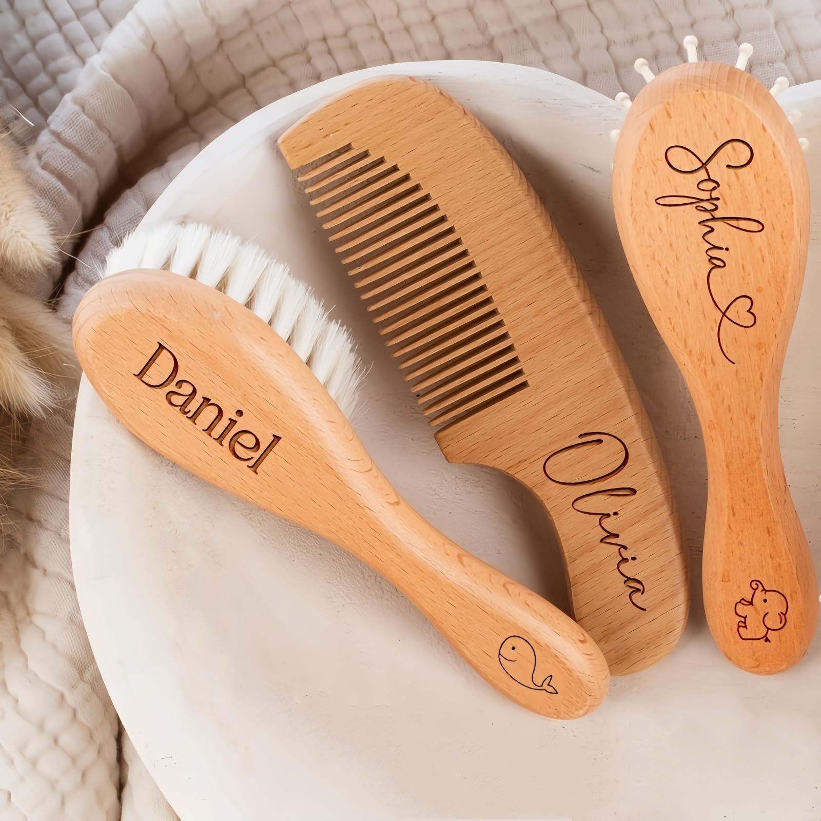 Set Personalizzato Di Spazzola E Pettine Per Bambini, Spazzola In Lana, Pettine In Legno Con Nome E Icona Incisi, Accessori Per Il Bagnetto, Regali Per Neonati