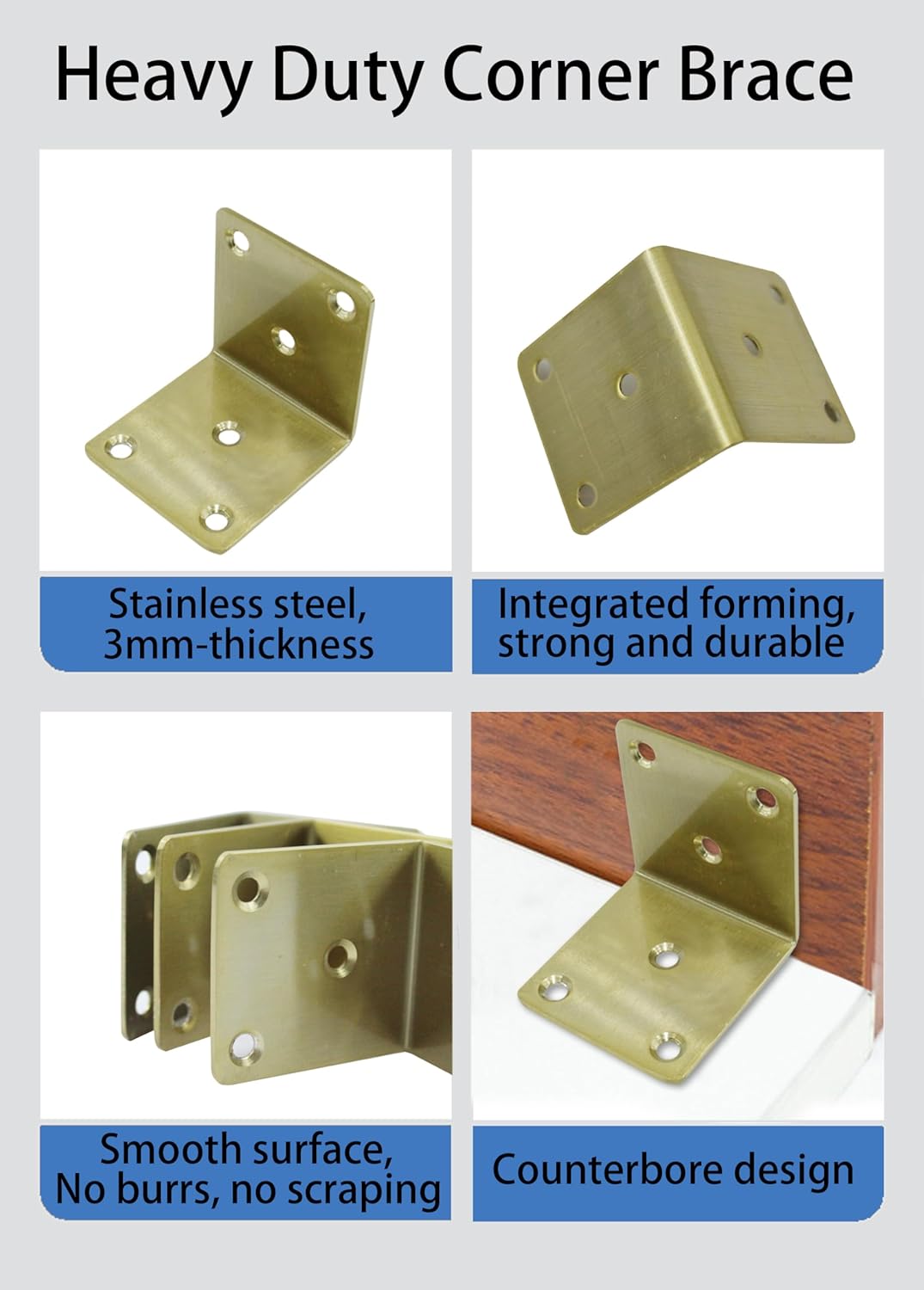 10pcs 2"x2" L Bracket Gold Stainless Steel Corner Brace Large Angle Brackets Heavy Duty Metal Corner Fastener for Wood Furniture Bedframe Cabinet Drawer Chair