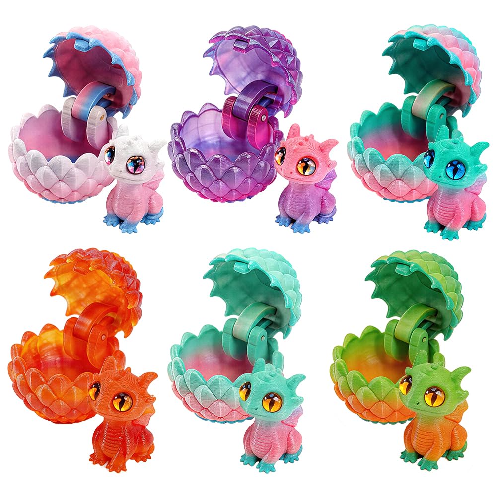 6Pcs 3D Printed Dragon Egg Toys, Surprise Hatching Dragon Figure Set – Collectible Colorful Baby Dragons for Kids, Fantasy Party Favors, Easter Basket Stuffers, Birthday Gifts