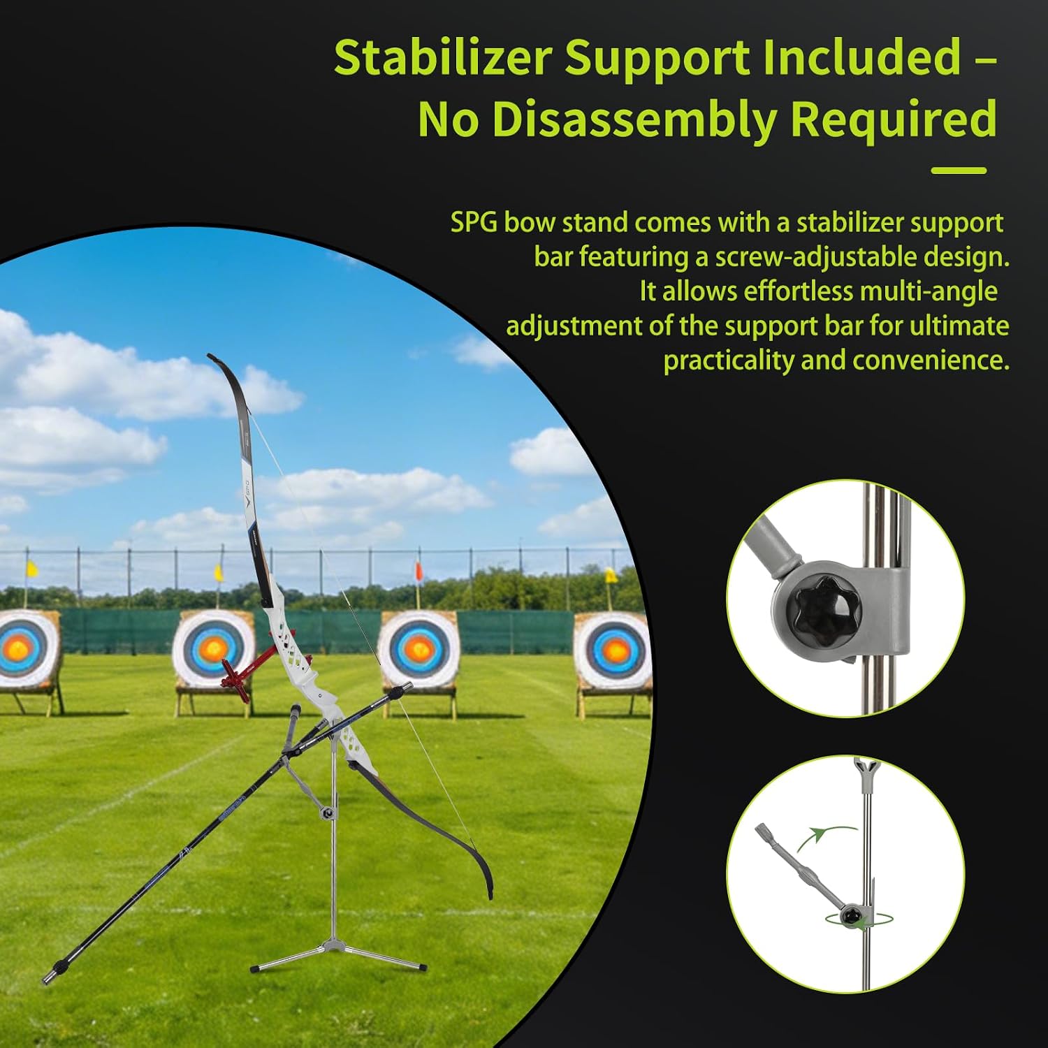 SPG Stainless Recurve Bow Stand - Foldable Bow Stand Triangular Structure Stable Archery Stand with Stabilizer Bar Support for Archery Bow Indoor Outdoor Hunting Shooting Accessories