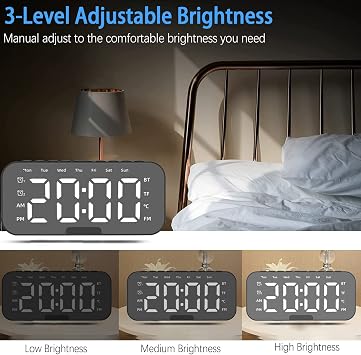 Alarm Clocks Bedside, Alarm Clock Radio with Bluetooth Speakers, Digital Alarm Clock for Bedroom, Portable Mirror Alarm with Dual Alarm, Snooze, LED Display, 3 Level Adjustable Dimmable, USB Charging