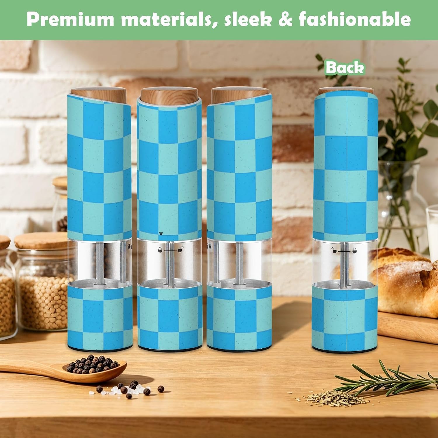 ALAZA Electric Pepper Grinder with Adjustable Coarseness, Teal Blue Checkered Plaid Pattern Battery Automatic Salt and Pepper Mill with Led, One-Handed Operation Spice Grinder for Kitchen, Camping & B