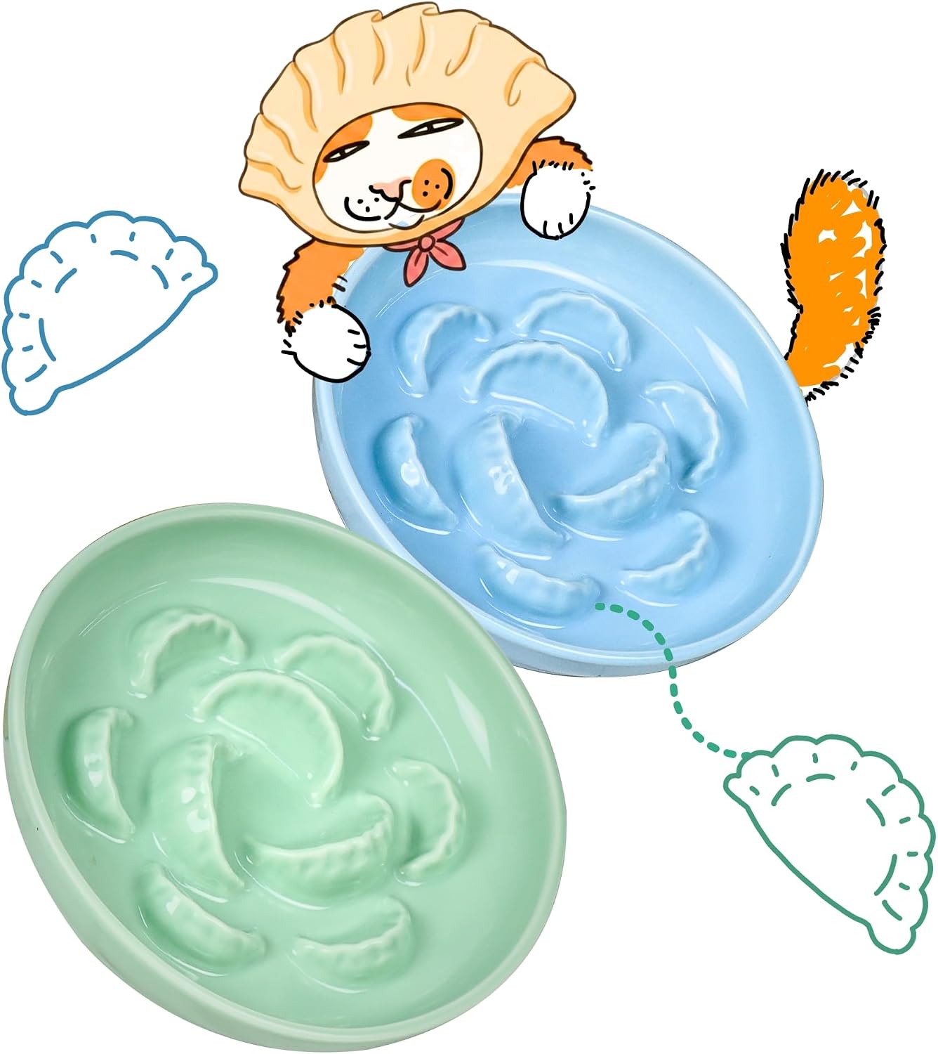2 Pcs Ceramic Cat Slow Feeder Bowl Set, Dumpling Shape Cat Food Plates, 6.2" W Wide Shallow Whisker Friendly Slow Feeding Cat Bowls for Dry Food, Wet Food & Treats, Dishwasher Safe（Green + Blue）