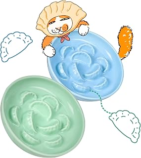 2 Pcs Ceramic Cat Slow Feeder Bowl Set, Dumpling Shape Cat Food Plates, 6.2" W Wide Shallow Whisker Friendly Slow Feeding Cat Bowls for Dry Food, Wet Food & Treats, Dishwasher Safe（Green + Blue）