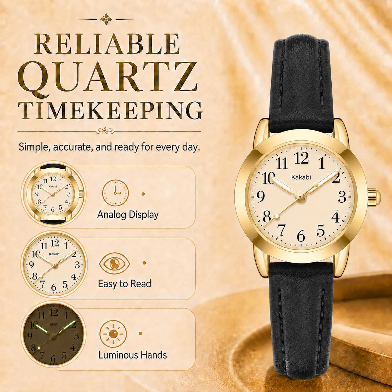 Watches for Women, Small Gold Vintage Analog Watch with Classic Numeral Dial, Slim Leather Strap, Quartz Movement, 3ATM Daily Waterproof, Elegant Dress Wristwatch