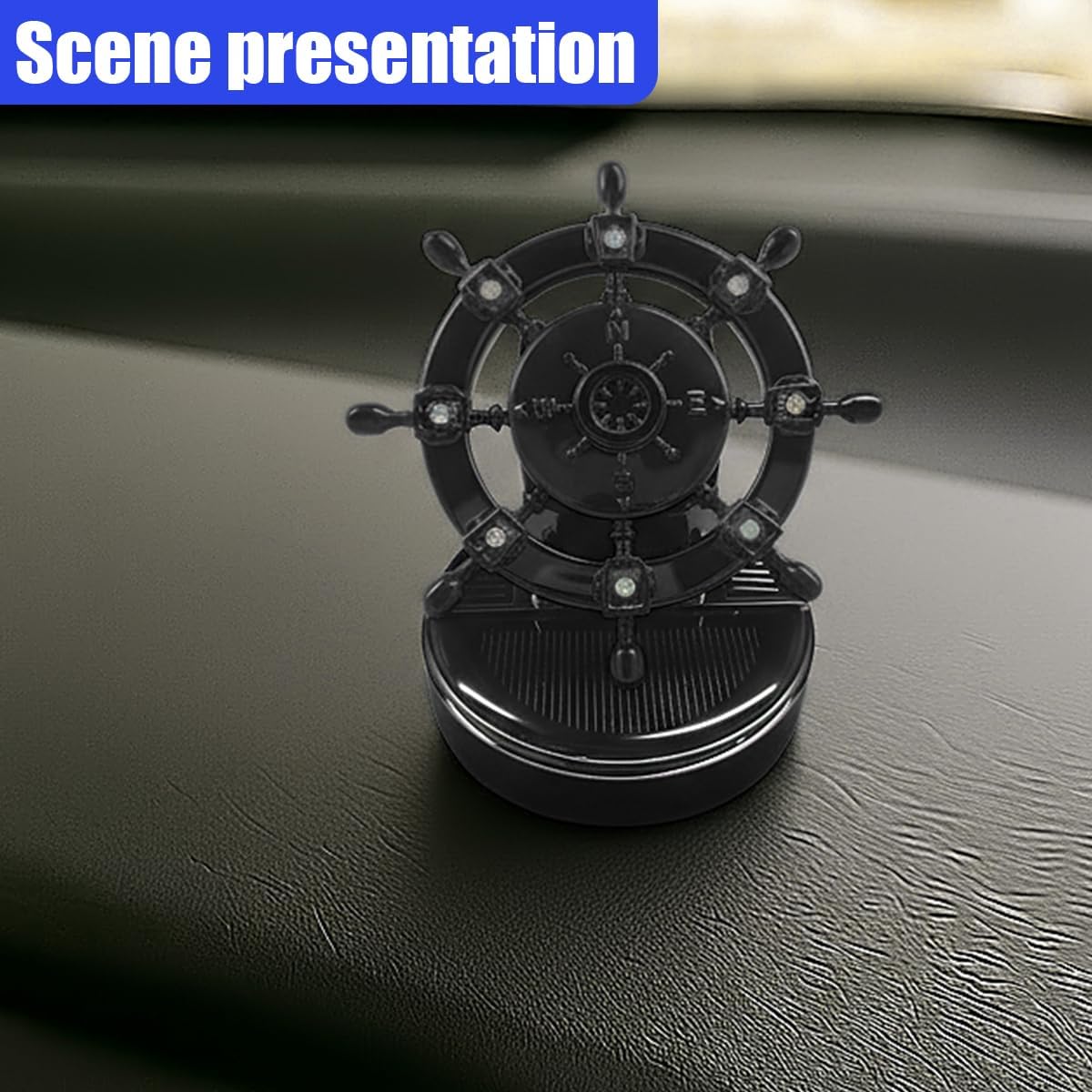 Ship Steering Wheel Car Air Diffuser, Solar Rotating Aroma Diffuser, Creative Auto Dashboard Decoration for Car Home Office(Black)