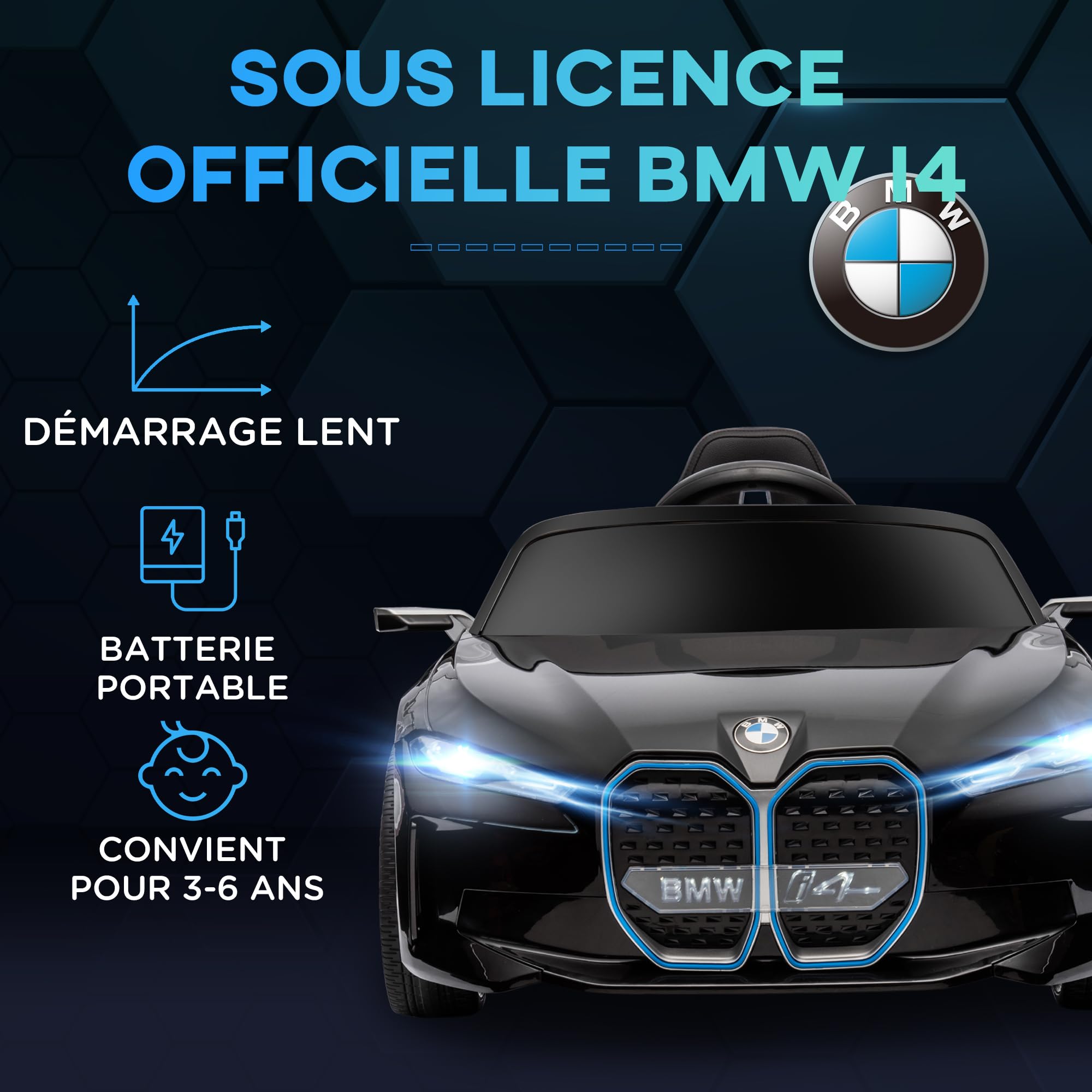HOMCOM Voiture Électrique Enfants Licence BMW I4 12V 3-5 km/h Noir | Voiture à Batterie, Véhicule Électrique, Télécommande, MP3 Musique, Affichage, Lumières, Ceinture de Sécurité