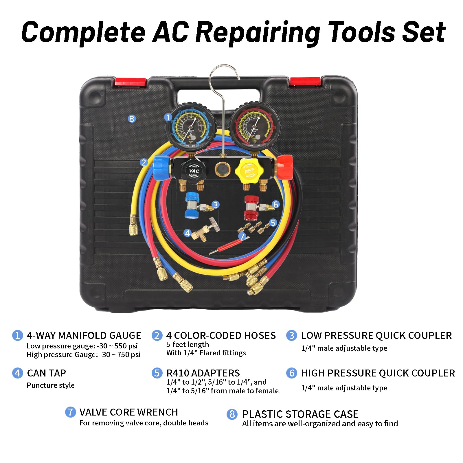 PB Motor Tech - Juego de bomba de vacío y manómetro, bomba de 4.5 CFM con manómetro de aluminio de 4 vías, detector de fugas y caja de almacenamiento de PVC, ideal para mantenimiento de CA, se adapta