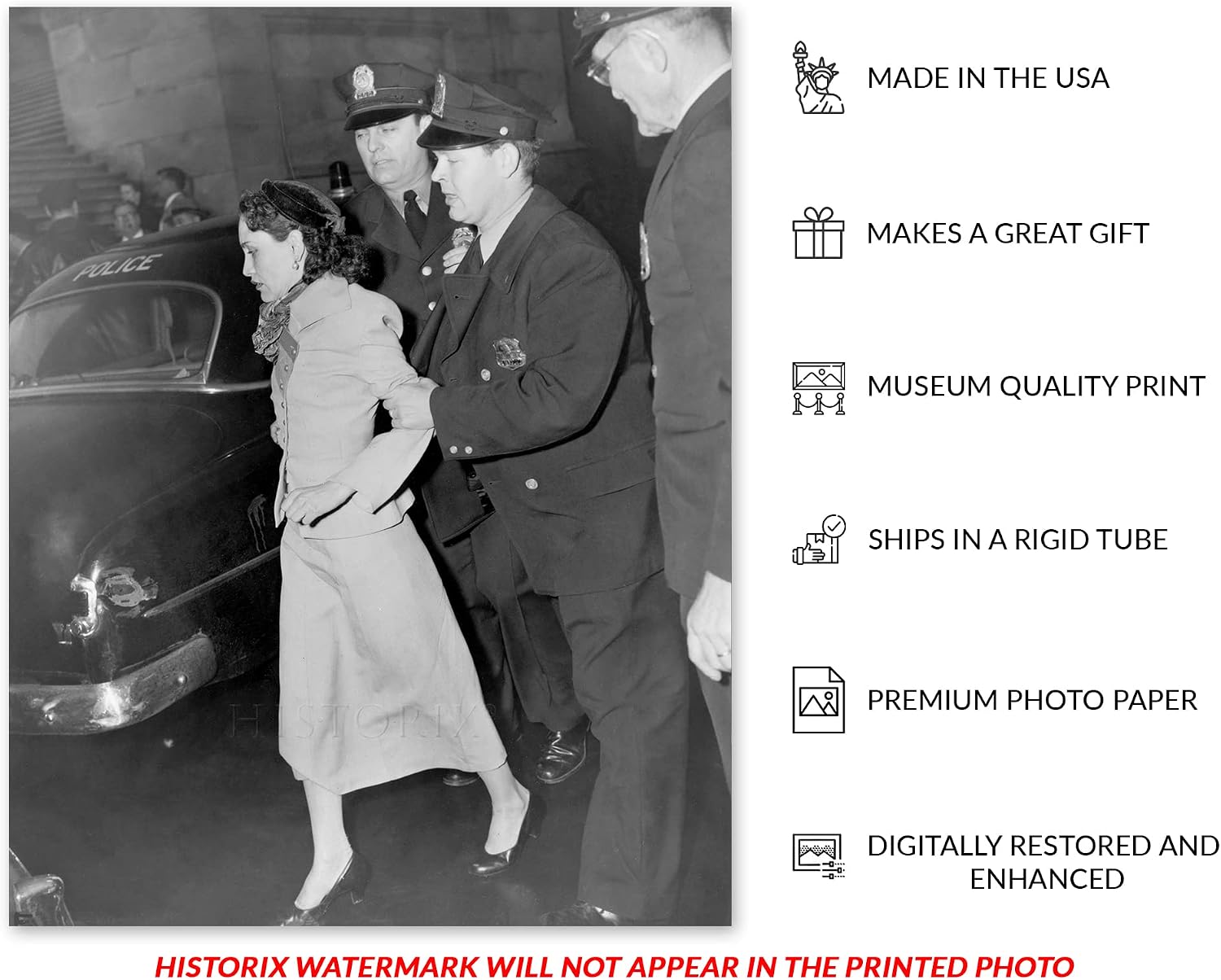 HISTORIX Vintage 1954 Lolita Lebron Print Photo - 11x14 Inch Old Photo of the Arrest of Puerto Rican Nationalist Leader Lolita Lebron Wall Art Poster