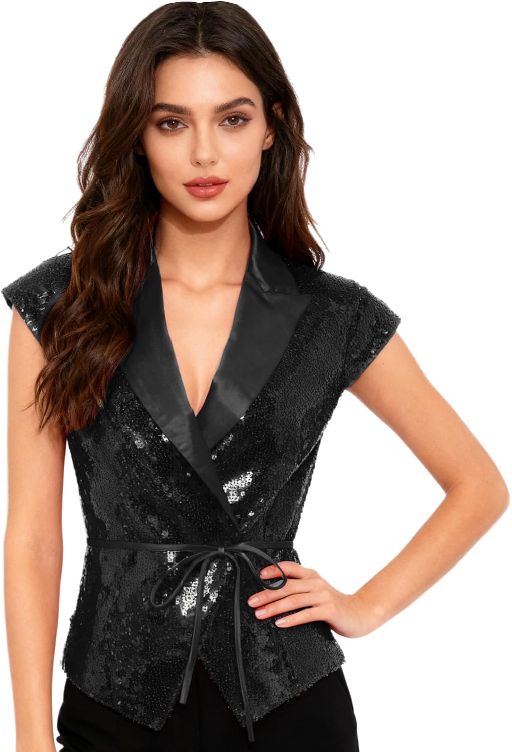 Womens V Neck Sparkly Sequin Vest Dressy Waistcoat Rave Club Party Festive Glitter Tuxedo Vest