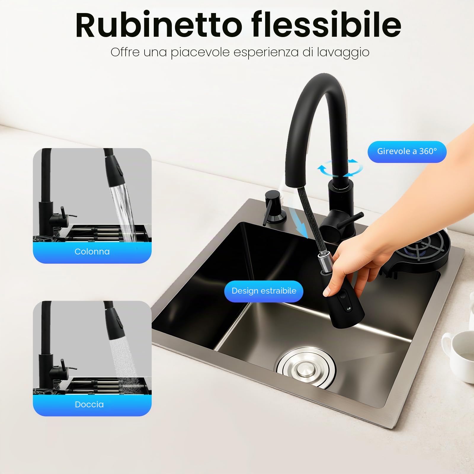 Lavello Nero Lavandino Nero 40x45cm Lavello da Incasso Linea a X Lavello da Cucina Cucina Lavello Includi Rubinetto Estensibile, Spazzola per Tazze, Sgocciolatore e Distributore di Sapone