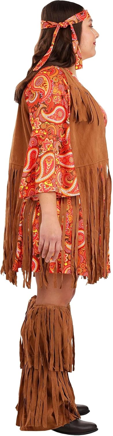 Women's Plus Size 60s Hippie Costume Retro Bell Sleeve Dress, Faux Suede Fringe Vest, Bootcovers, Headband