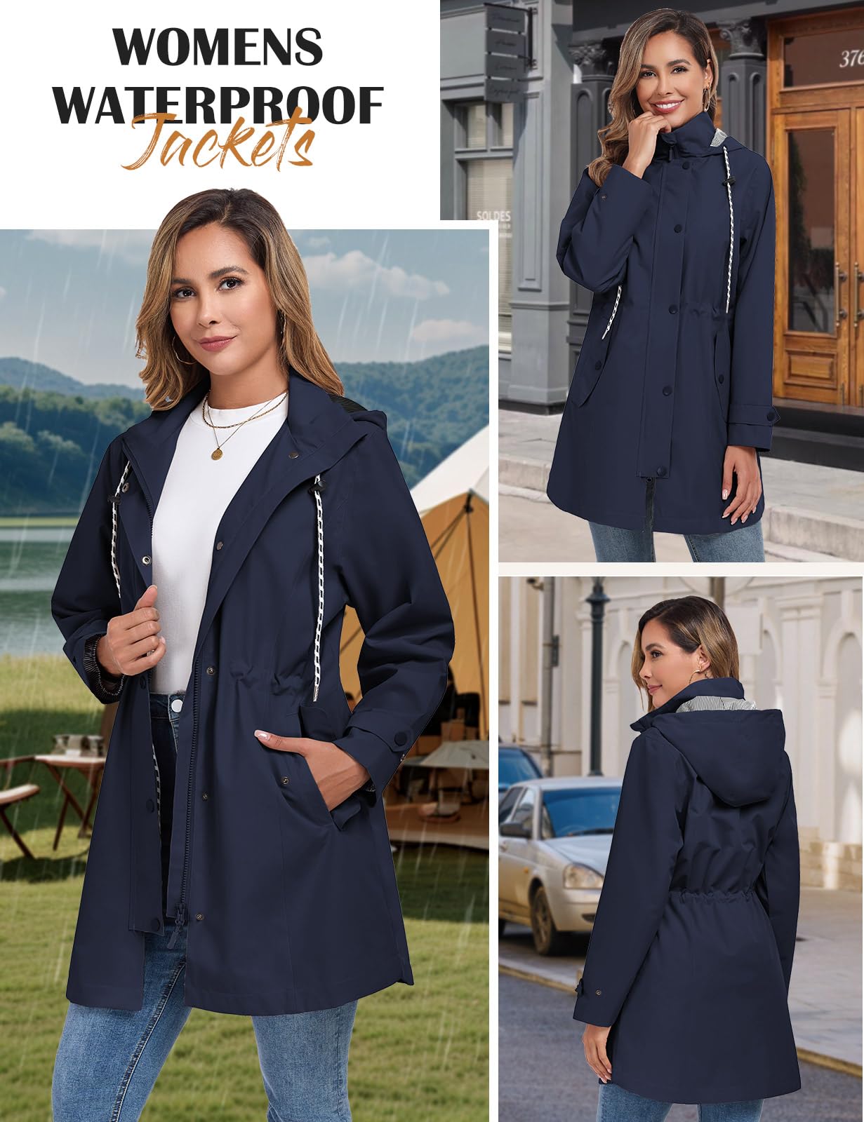 CMTOP Giacca Impermeabile Donna Cappuccio Antivento Trench Traspirante Leggero Parka, Lungo All'aperto Cappotto Per Primavera e Autunnale Ripiegabili Softshell Raincoat