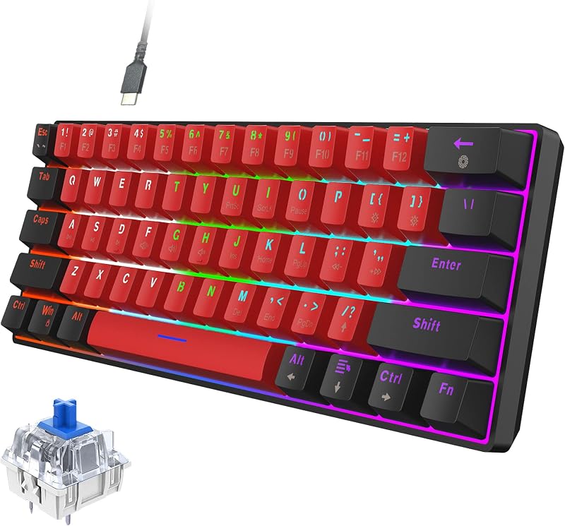 Snpurdiri 60% Wired Mechanical Gaming Keyboard (Black-Red, Blue Switches) | LED Backlit 60 Percent Gaming Keyboard for Windows Laptop PC Mac