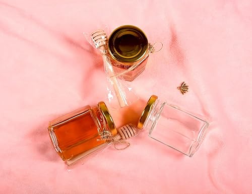 Vista 30 de Pote de miel, tarros de miel de vidrio, pequeños frascos de miel con cubos de madera, abalorios de abeja, bolsas de regalo doradas y tapas de yutes