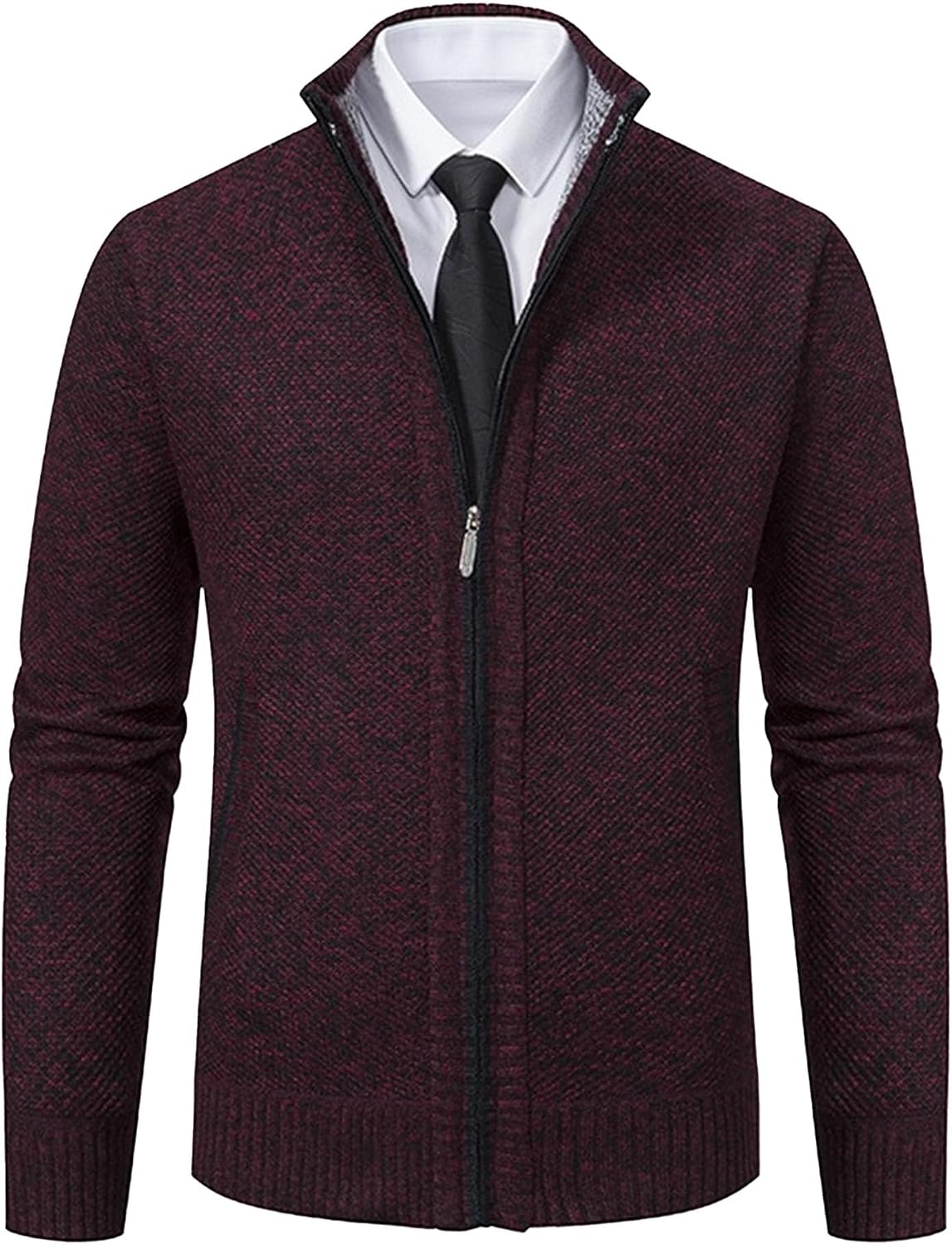 Men Warm Stand Collar Knitted Jacket Long Sleeve Full Zip Business Cardigan | Side Pockets, Long Sleeve, Slim Fit, Casual & Formal Wear, Textured Knit
