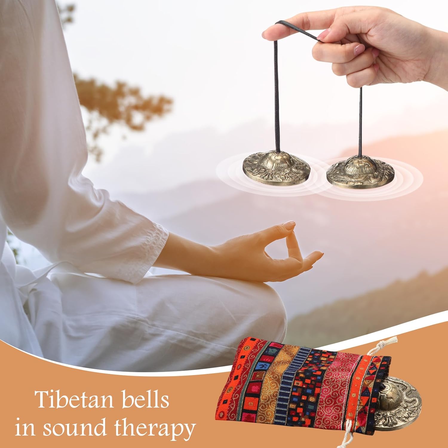 Foilswirl 2 Pcs Tibetan Tingsha Cymbals with 2 Pcs Tibetan Drawstring Cloth Bags Meditation Chime Bells 2.56 Inch Handcrafted Meditation Accessory (2 Dragons with Bell Embossed,Red,Green)