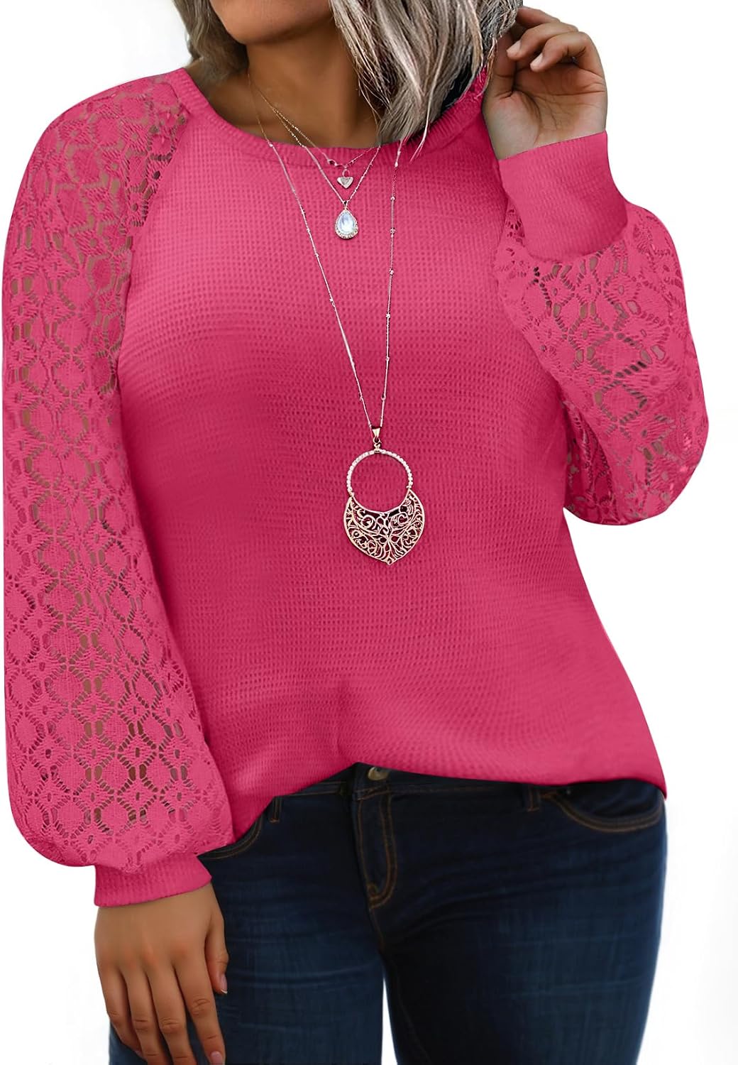 Eytino Plus Size Tops for Women Lace Long Sleeve Crew Neck Waffle Knit Business Work Dressy Shirts(1X-5X)