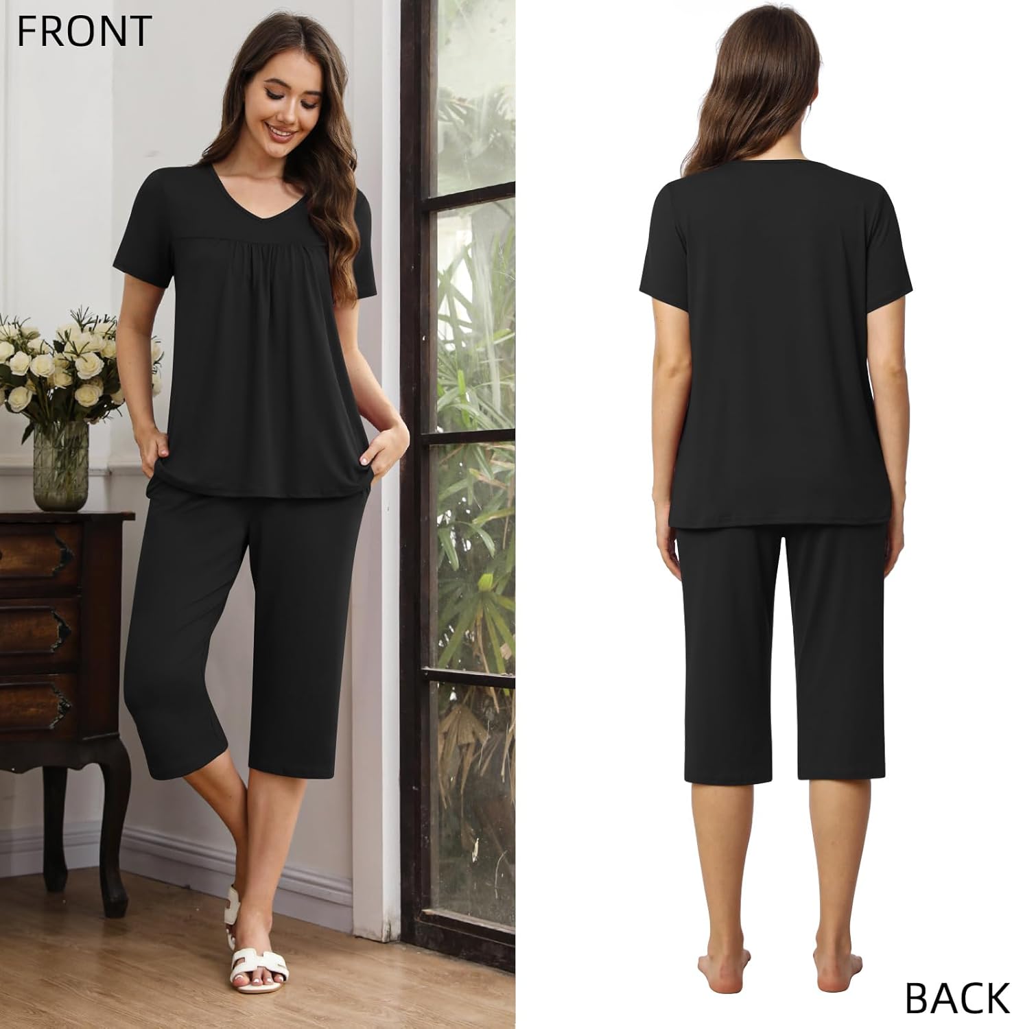 Aodemo Womens Capri Pajama Sets 2 Piece Summer Loungewear Ladies Pjs Set Sleepwear with Pockets - Image 2