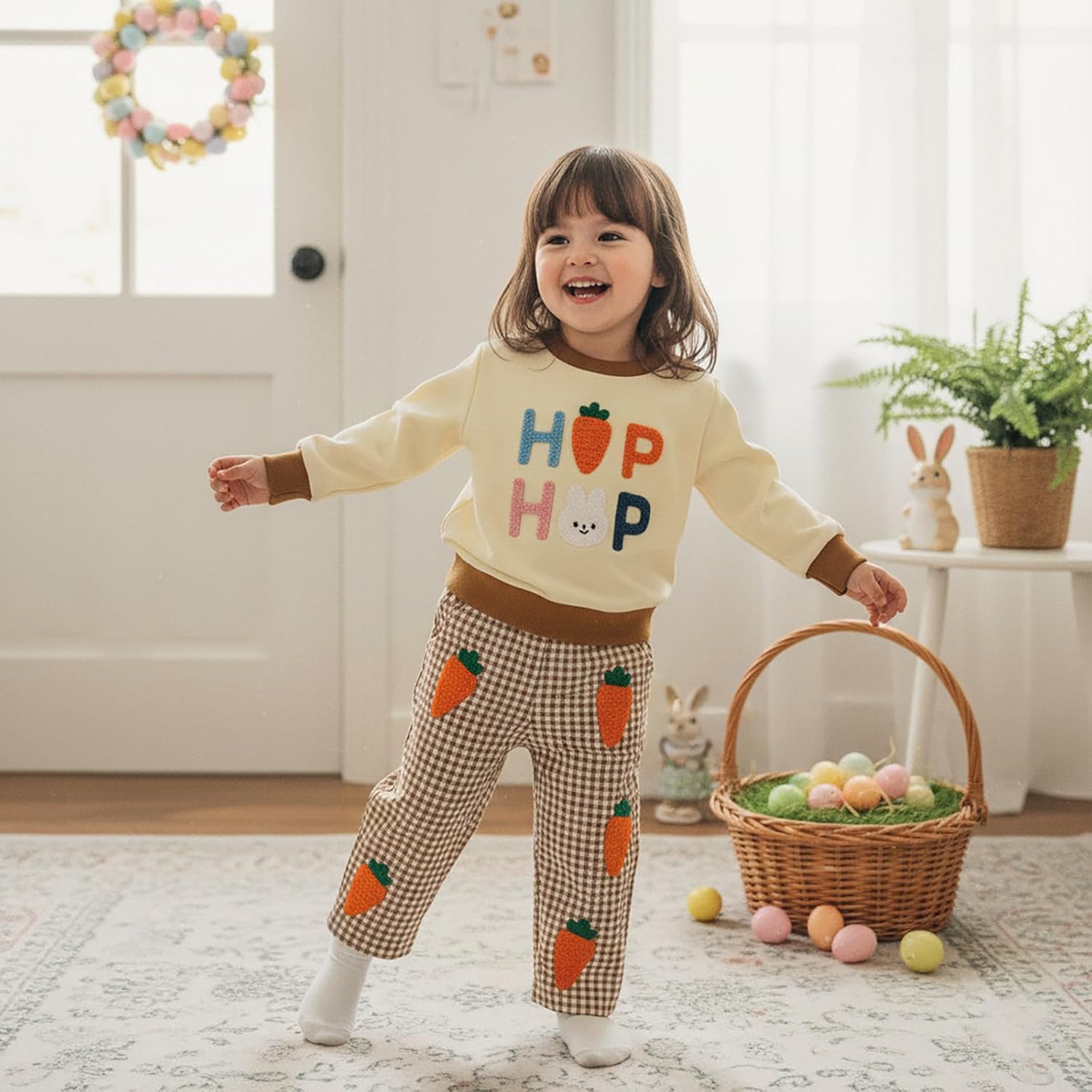 Toddler Baby Boy Girl Easter Outfit Long Sleeve Carrot Rabbit Sweatshirt Top Plaid Long Pants Spring Winter Clothes - Image 2