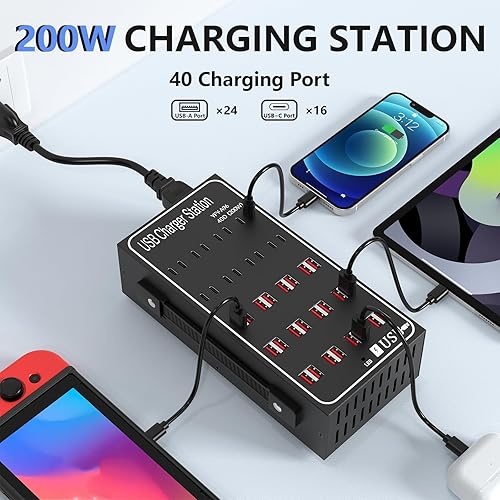 Miniatura 2 de Estación de carga USB múltiple, 40 puertos de 200 vatios (40 A), bloque de carga USB  C con interruptor de alimentación, estación de carga de