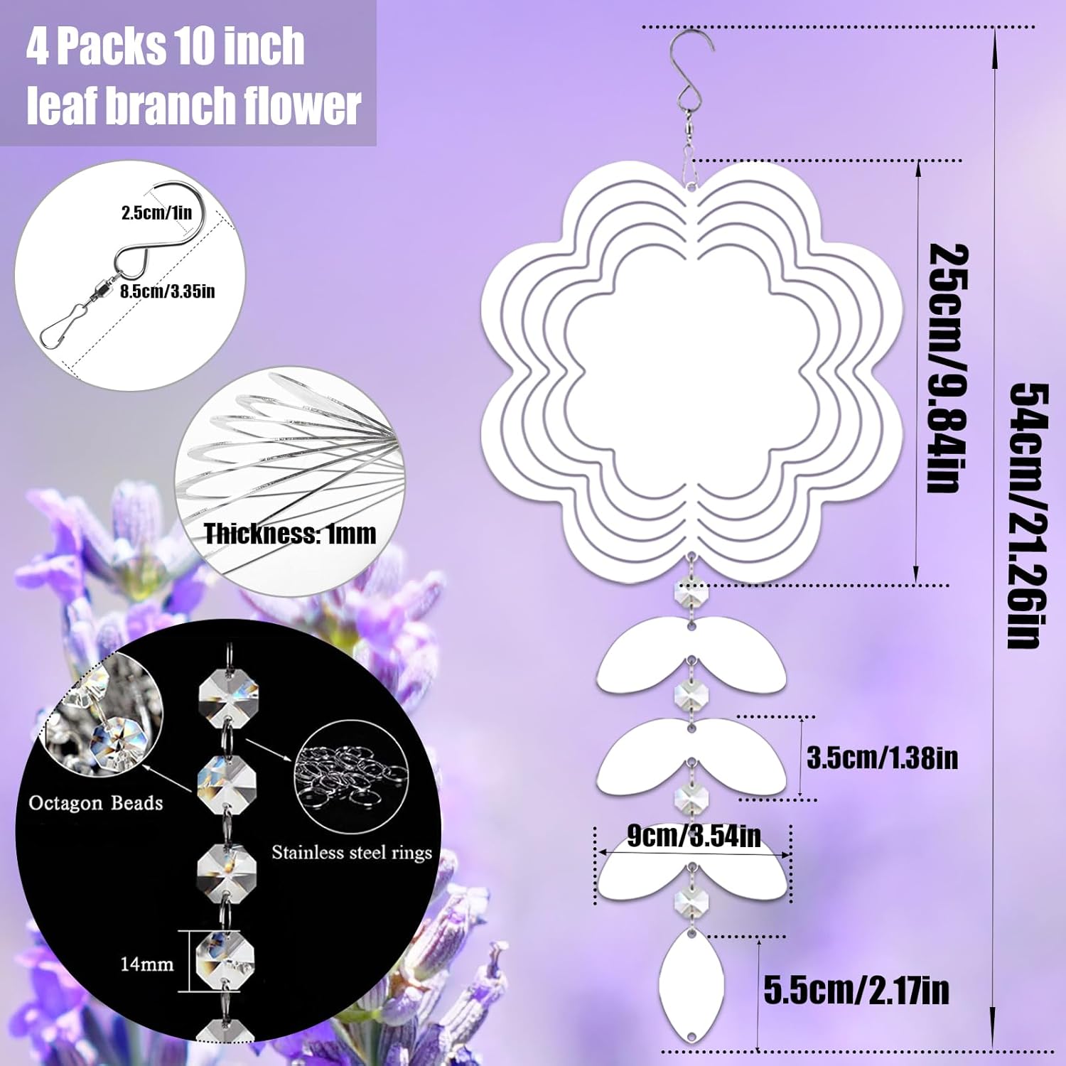 4Pack 10inch Sublimation Wind Spinner Blanks 3D Aluminum Metal Wind Sculpture Kinetic Spinners for Yard and Garden Indoor Art Ornaments Hanging Decoration (Leaf Branch Flower)