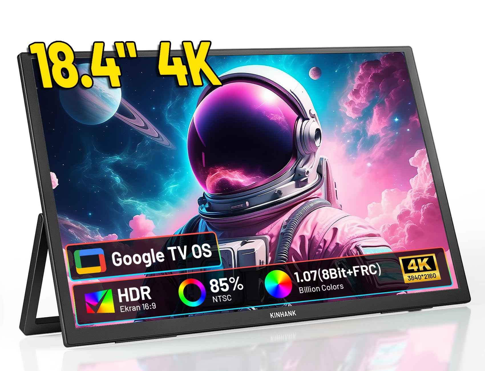 Portable Monitor 4K 18 Inches Display with GTV OS, UHD 3840 x 2160 | HDR|85% NTFC|IPS Portable Monitor for Laptop/Xbo/PS5/Smartphone/USB C/HDMI, VESA Compatible, with Speakers and Stand