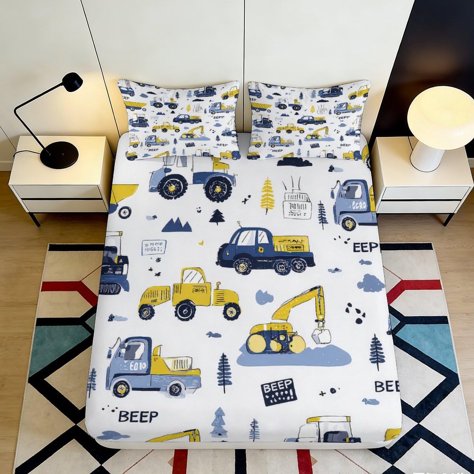 Jqzkxnhpbr Style-2 3D Printed Construction Trucks Fitted Sheet Microfiber Soft Yellow Blue Vehicles Bed Cover For Bedroom Dorm Mattress Protection Decor 90X200x25cm